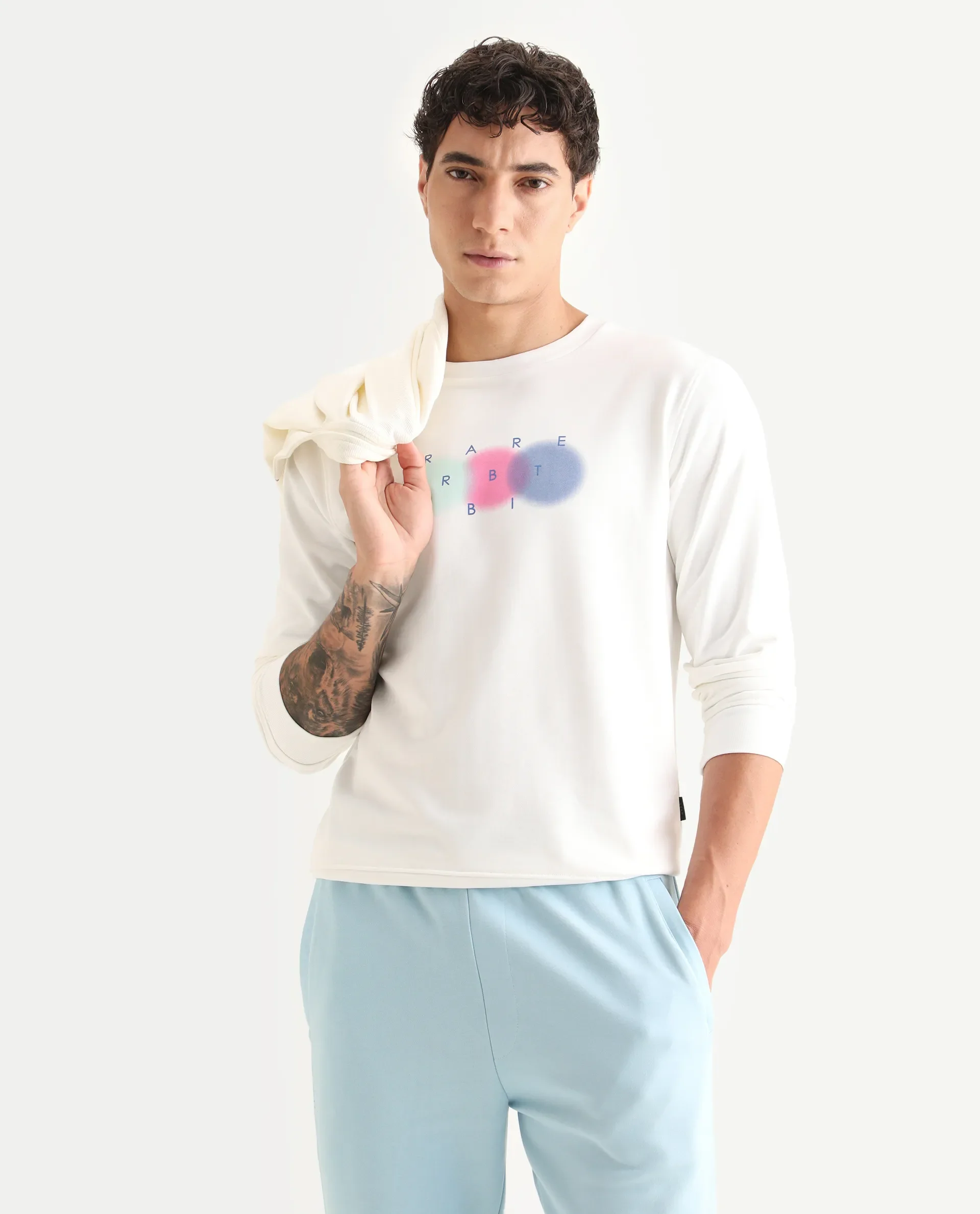 Rare Rabbit Men's Saul White Cotton Graphic Print Relaxed Fit Full Sleeve Crew Neck Sweatshirt