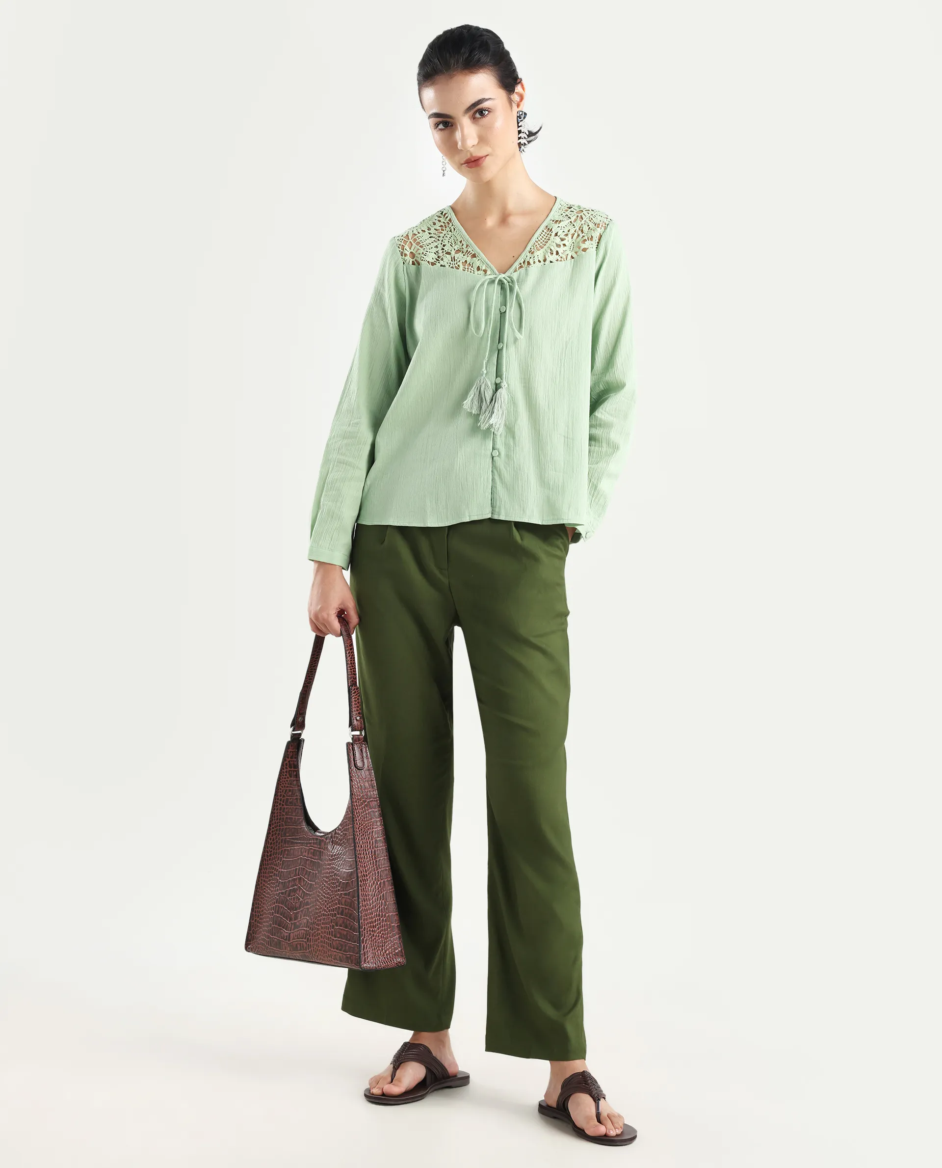 Rareism Women's Seanpo Olive Polyester Plain Ankle Length Wide Trouser