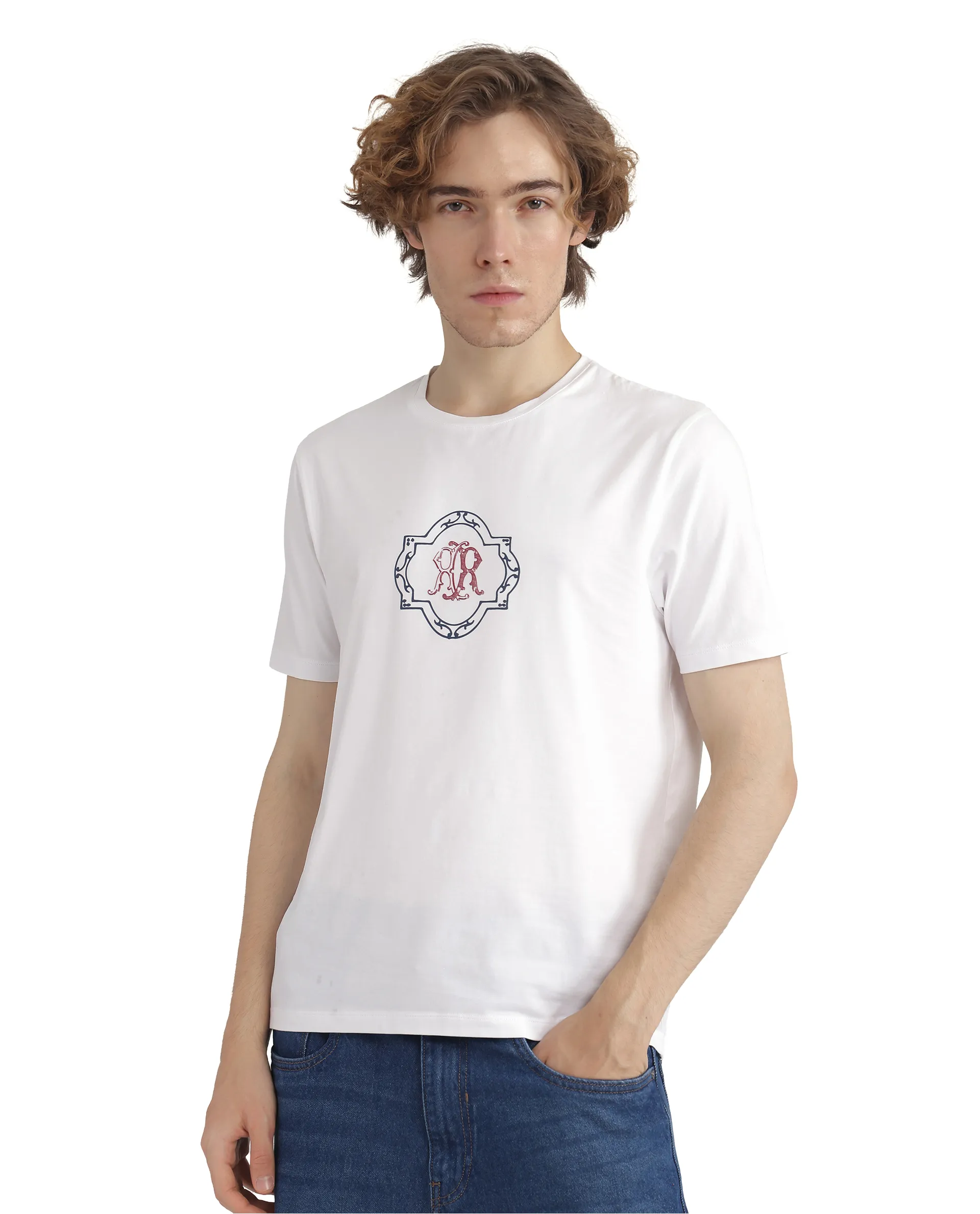 Rare Rabbit Men's Seko White Cotton Graphic Print Regular Fit Half Sleeve Crew Neck T-Shirt - Image 2