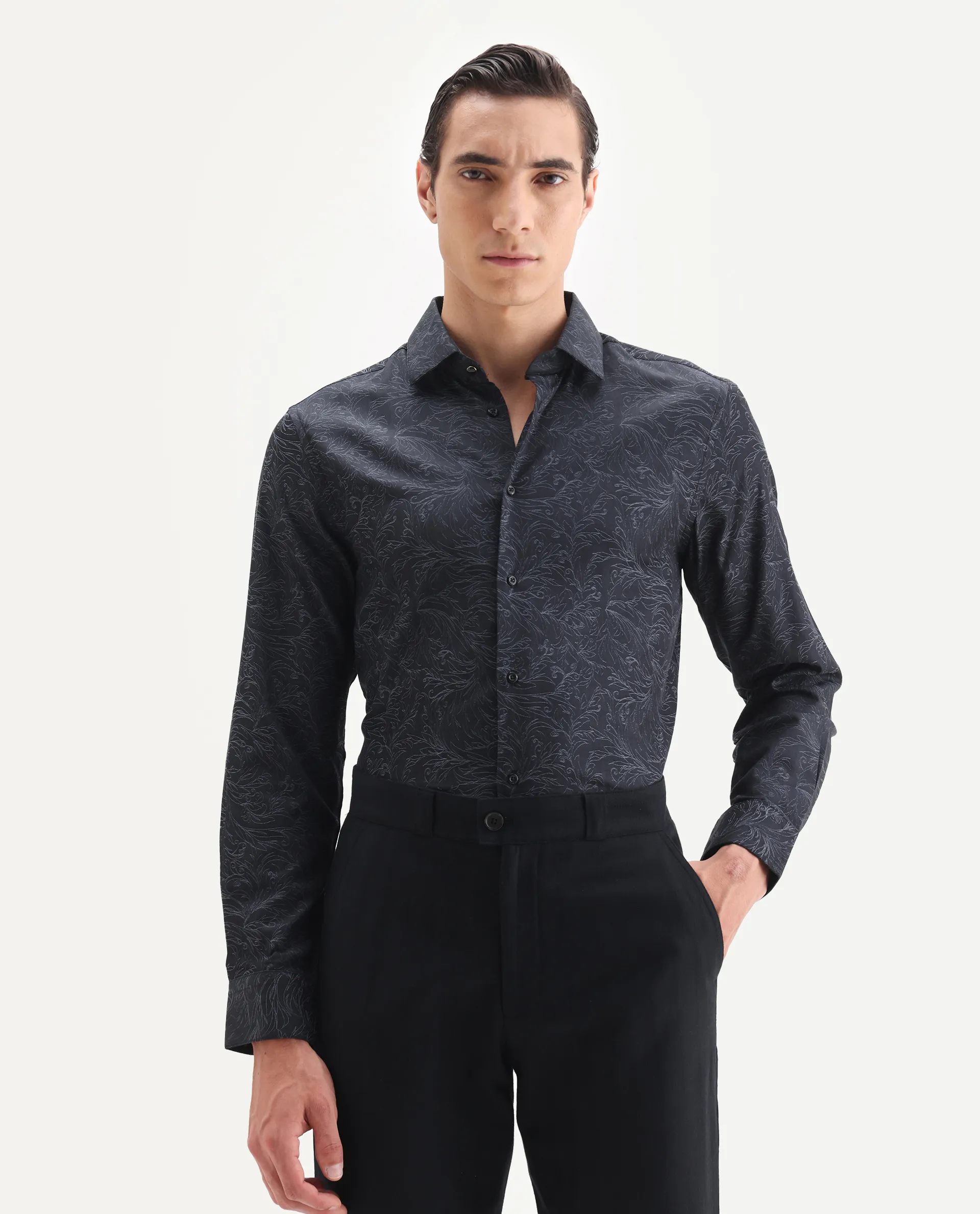 Rare Rabbit Men's Seld Dusky Purple Cotton Blend Spread Collar Regular Fit Jacquard Shirt