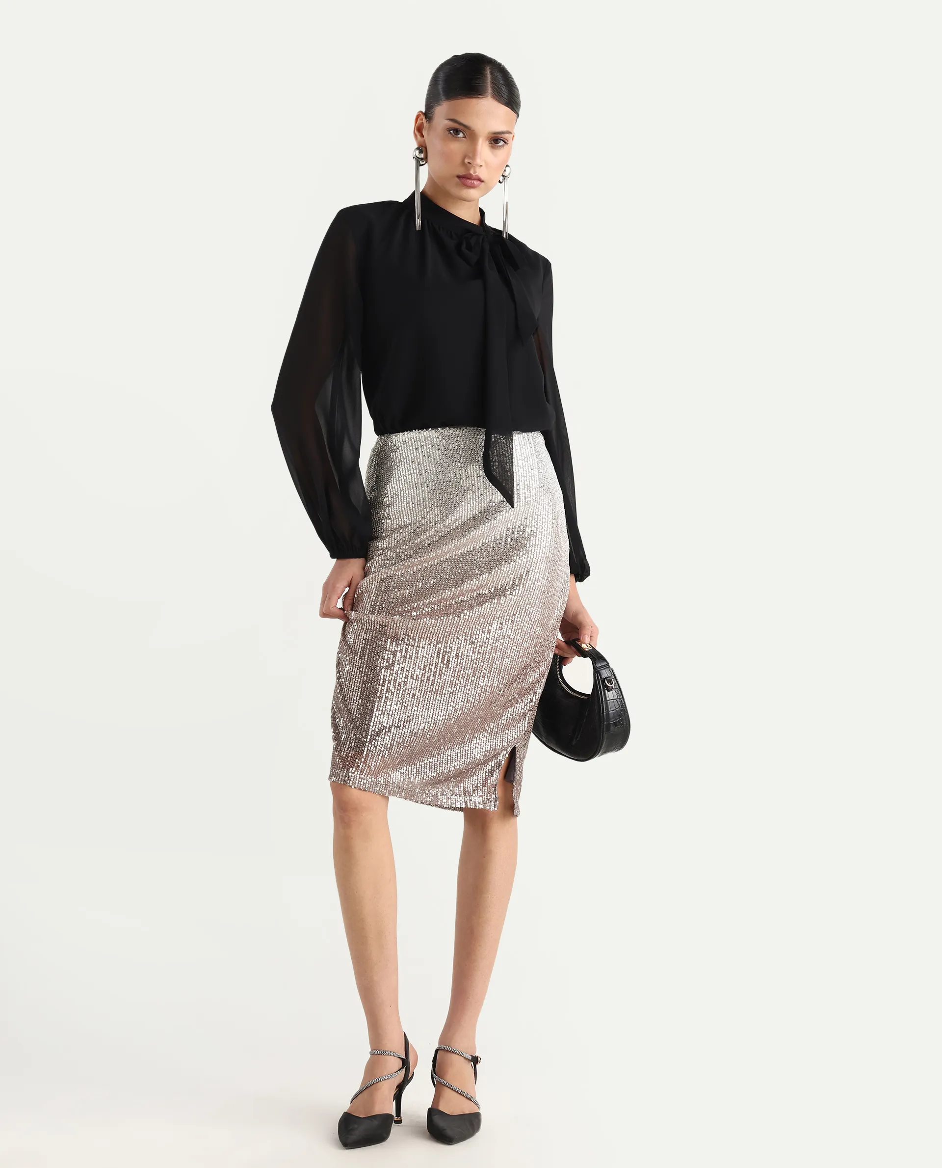 Rareism Women's Seoul Metallic Gold Plain Knee Length Fitted Skirt