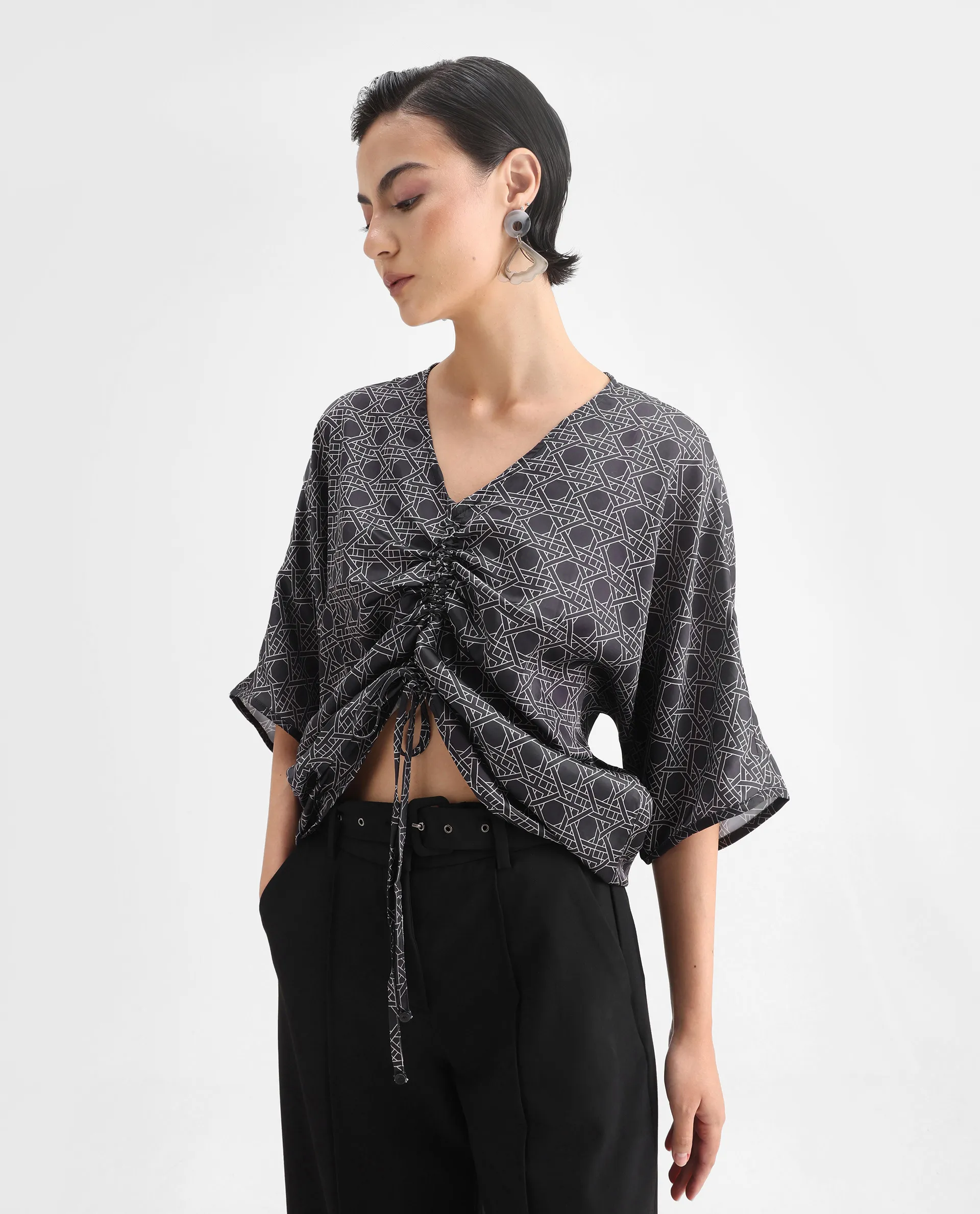 Rareism Women's Sepia Dark Black Polyester V-Neck Geometric Print Extended Sleeves Regular Fit Top