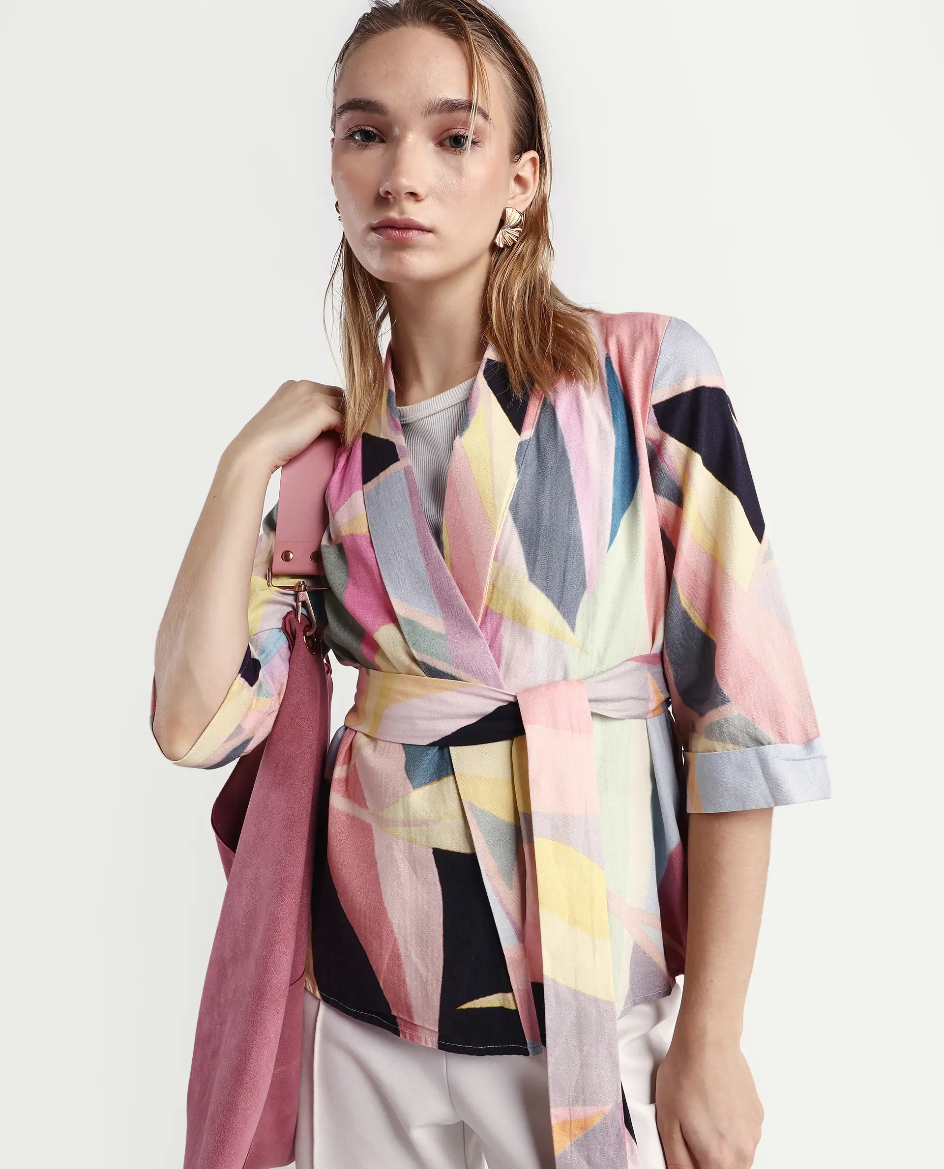Rareism Women's Sezam Pink Cotton Shawl Neck Regular Fit Outer Wear