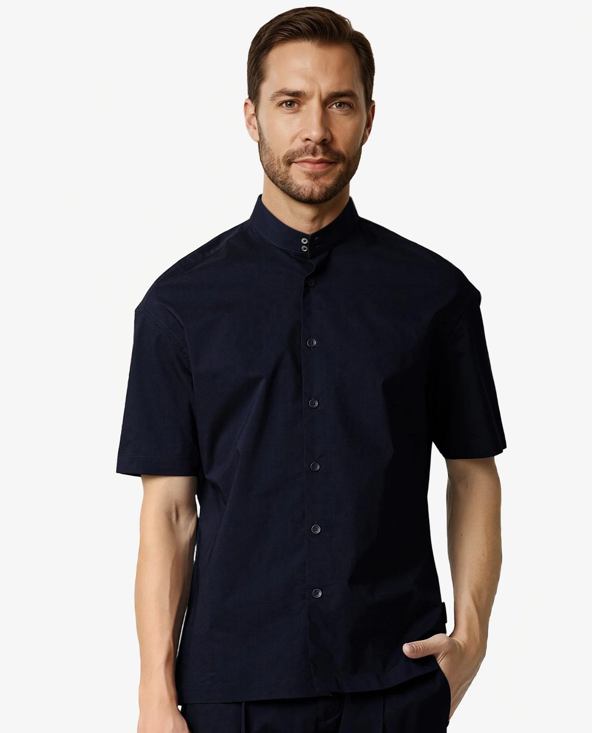 Rare Rabbit Men's Shiro Navy Cotton Plain Regular Fit Half Sleeve Mandarin Collar Shirt