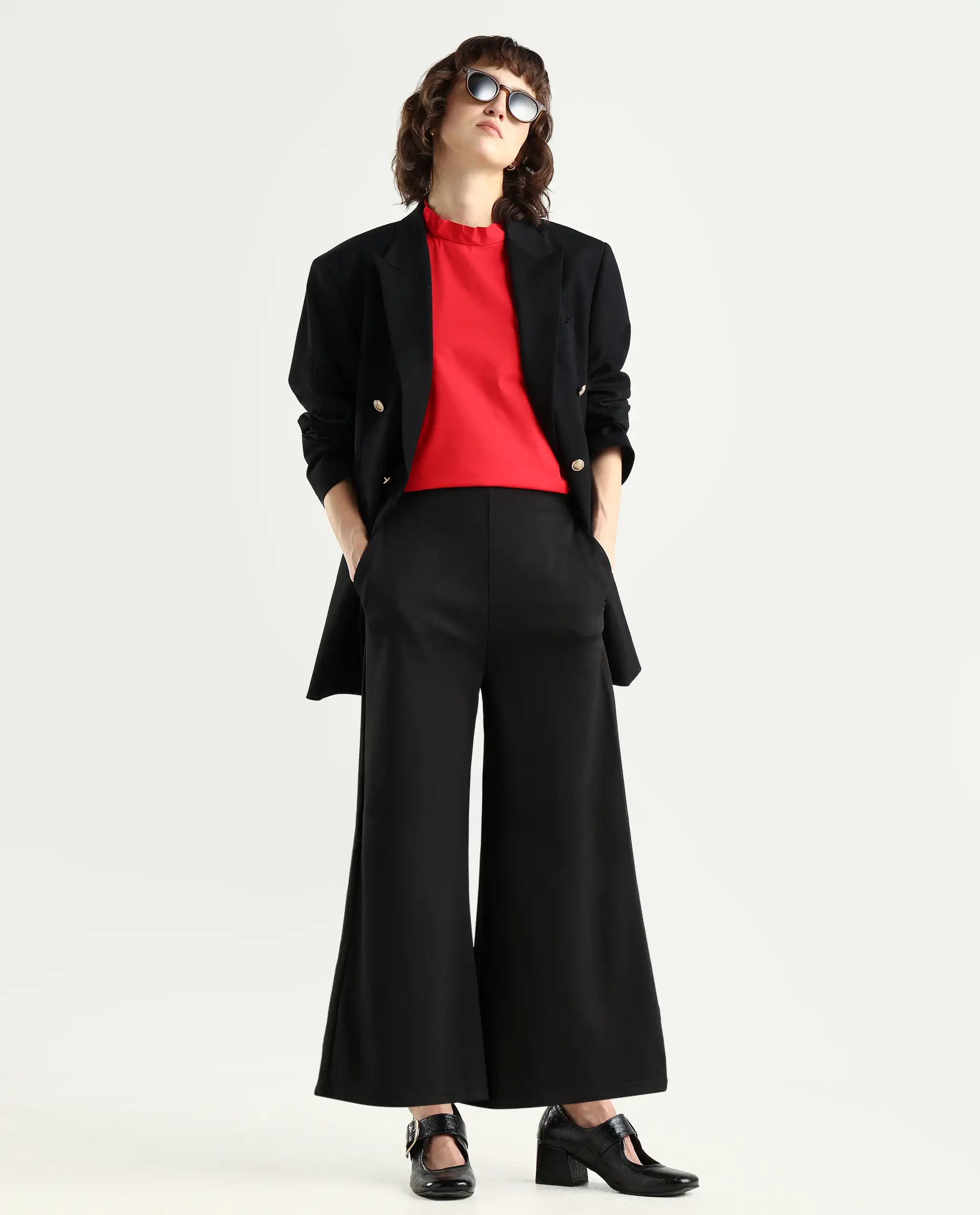 Rareism Women's Shoyo Black Polyester Plain Midi Flared Trouser
