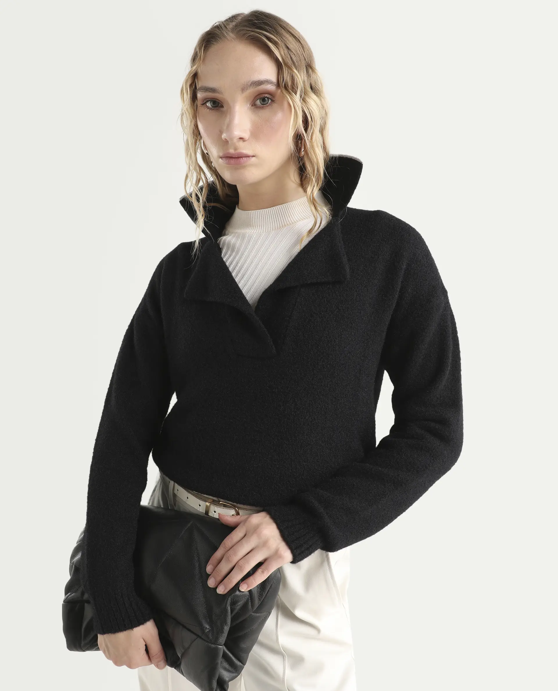 Rareism Women's Sirnak Black Acrylic Spread Collar Plain Relaxed Fit Sweater
