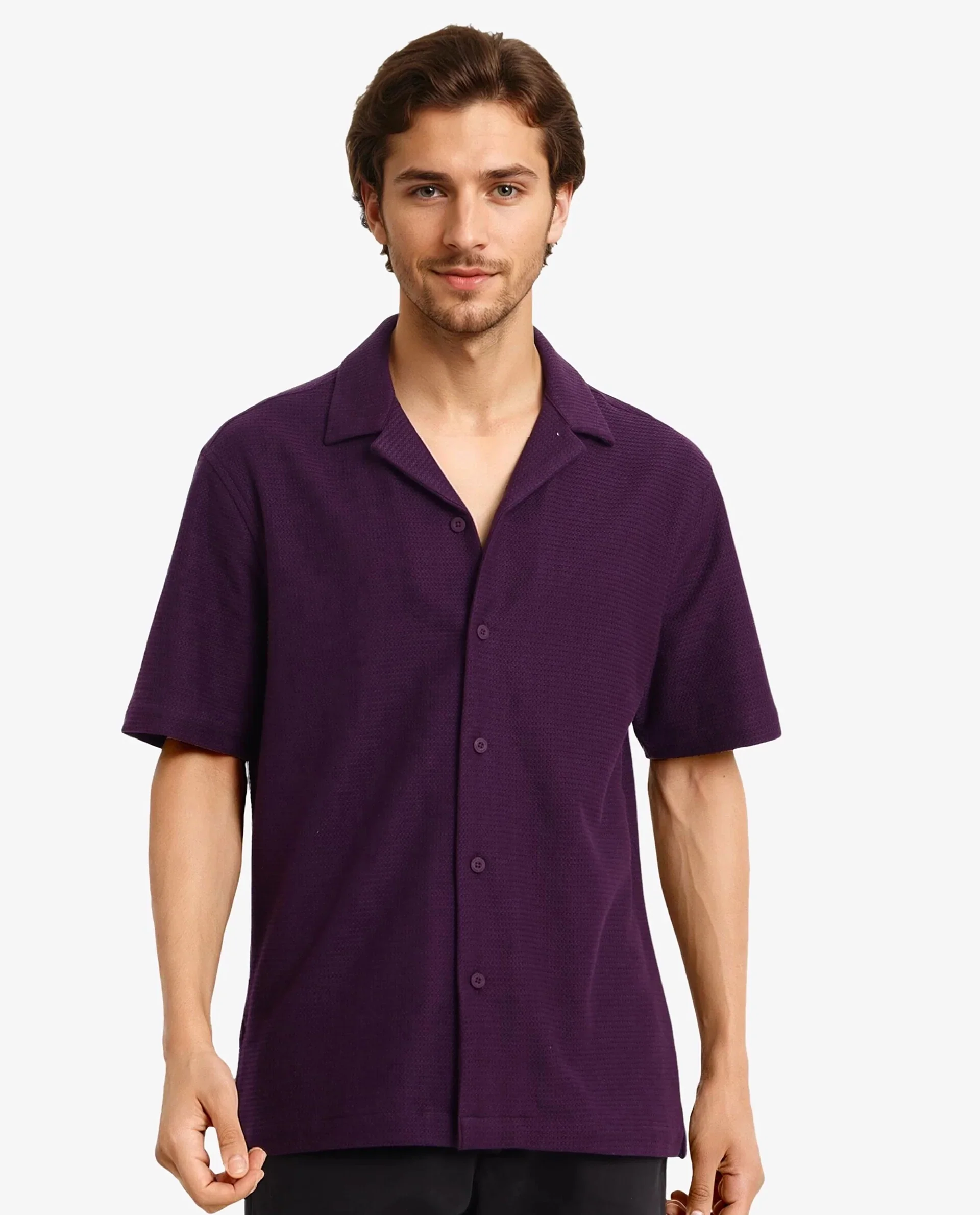 Rare Rabbit Men's Site Ss Dark Purple Plain Boxy Fit Half Sleeve Collared Shirt