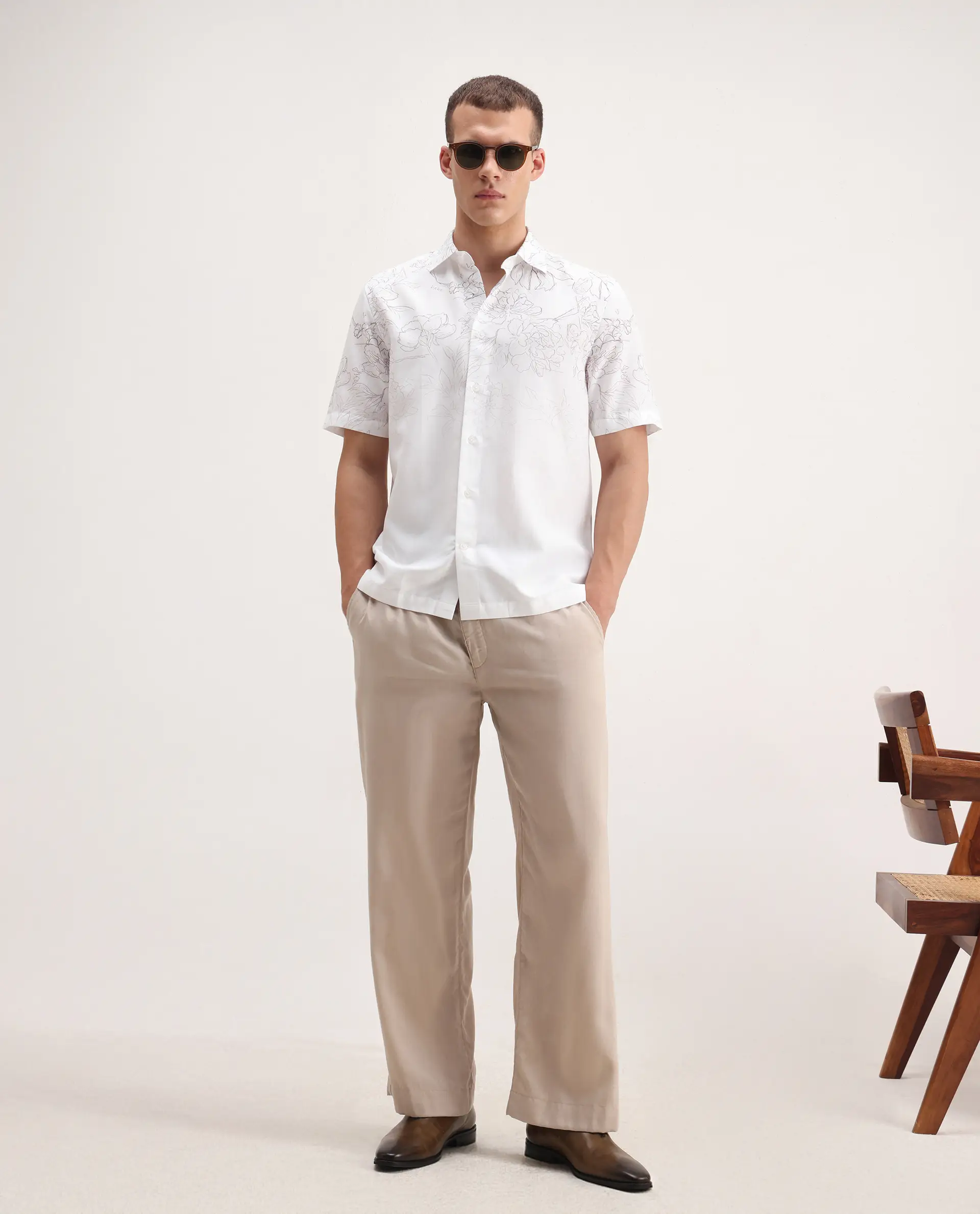 Rare Rabbit Men's Skew White Cotton Blend Floral Print Regular Fit Half Sleeve Collared Shirt - Image 2