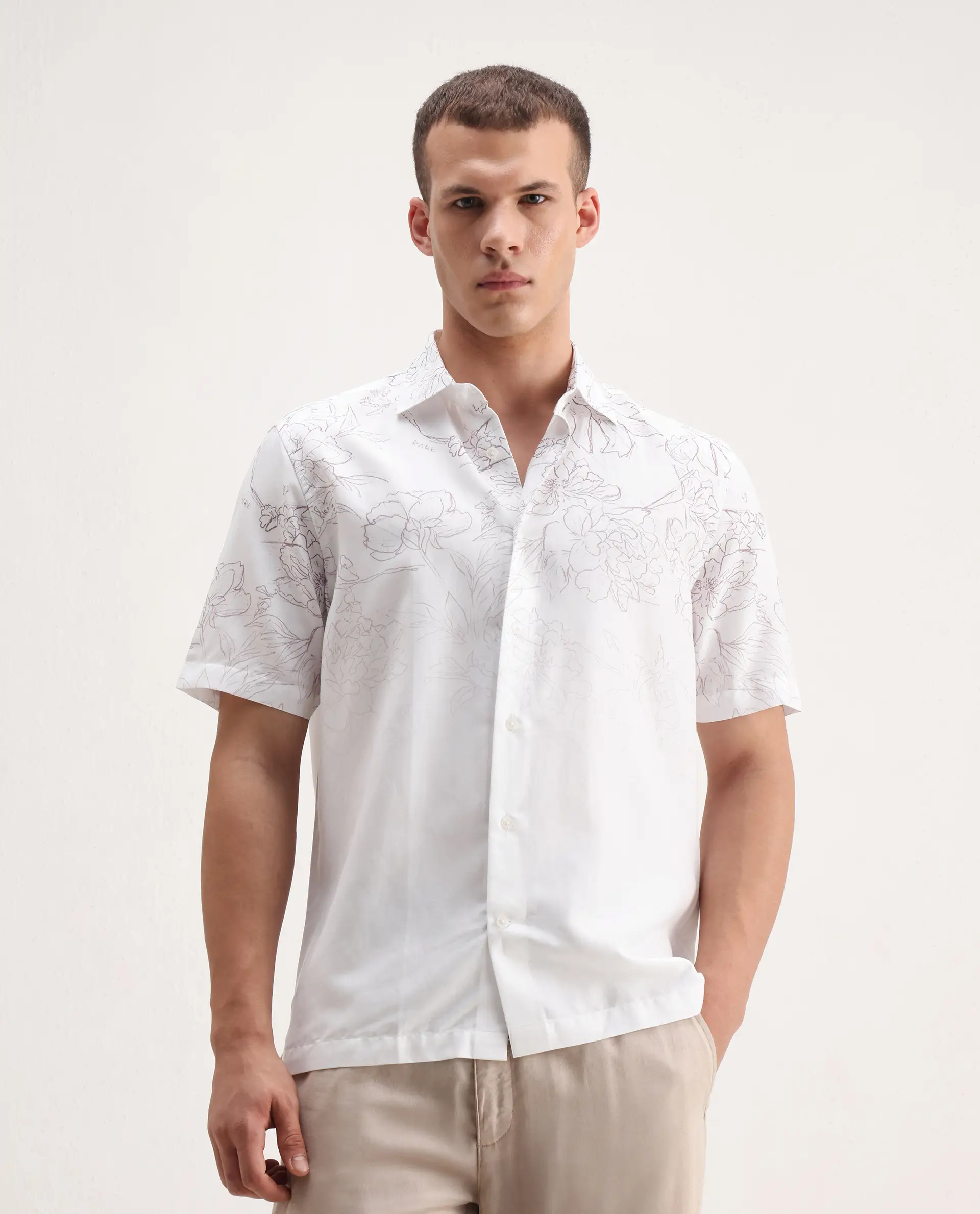 Rare Rabbit Men's Skew White Cotton Blend Floral Print Regular Fit Half Sleeve Collared Shirt - Image 4