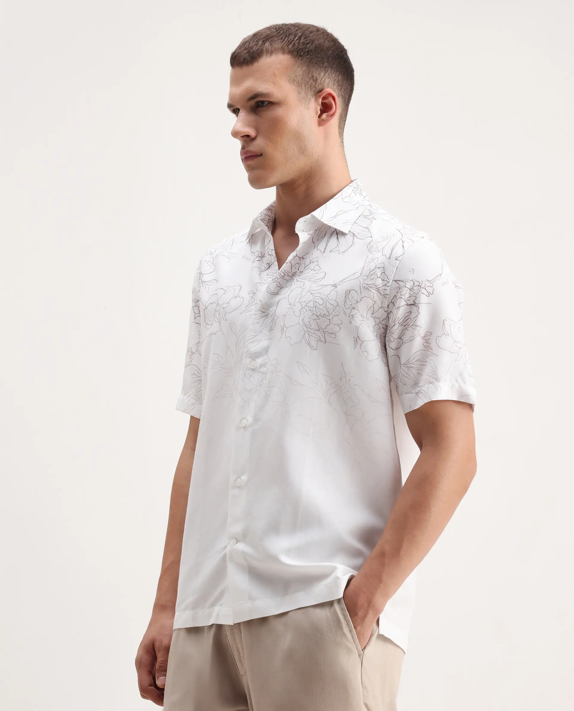 Rare Rabbit Men's Skew White Cotton Blend Floral Print Regular Fit Half Sleeve Collared Shirt - Image 5