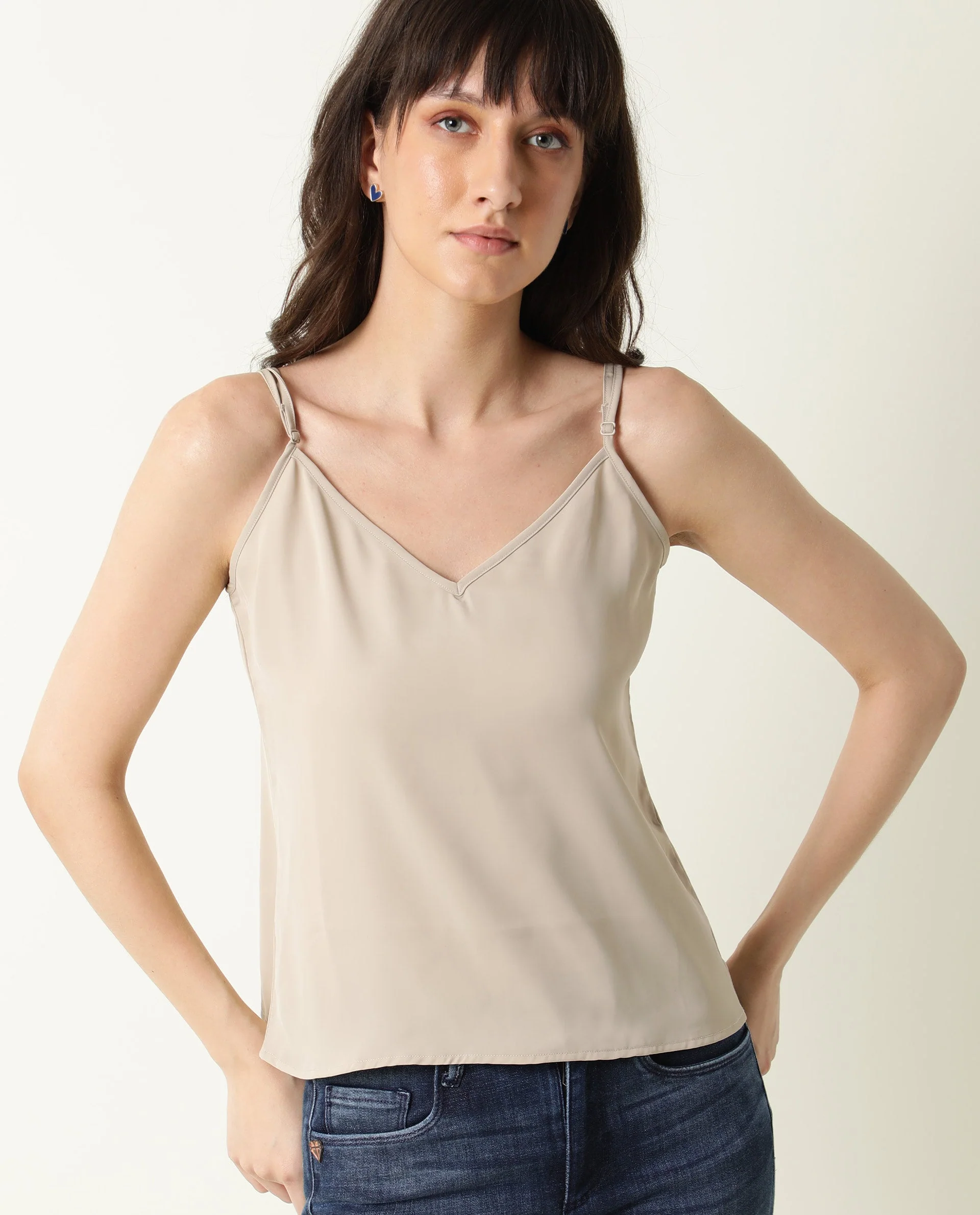 Rareism Women's Slipo Grey Polyester V-Neck Plain Shoulder Strap Regular Fit Inner Wear