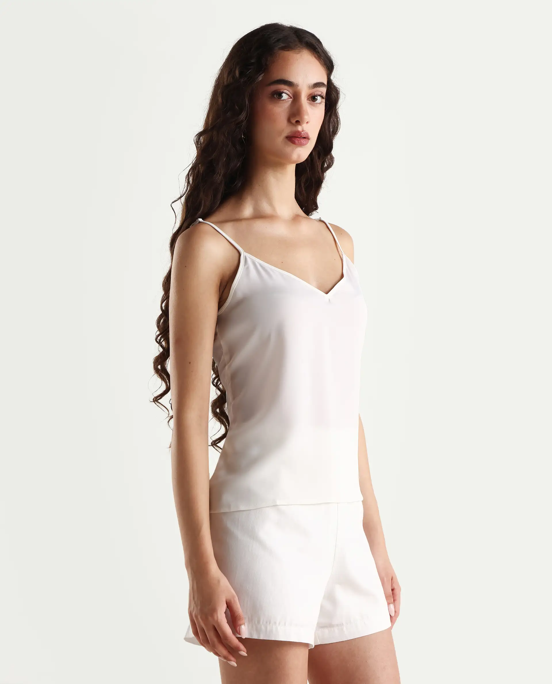 Rareism Women's Slipo Offwhite Polyester V-Neck Plain Shoulder Strap Knee Length Regular Fit Inner Wear - Image 7