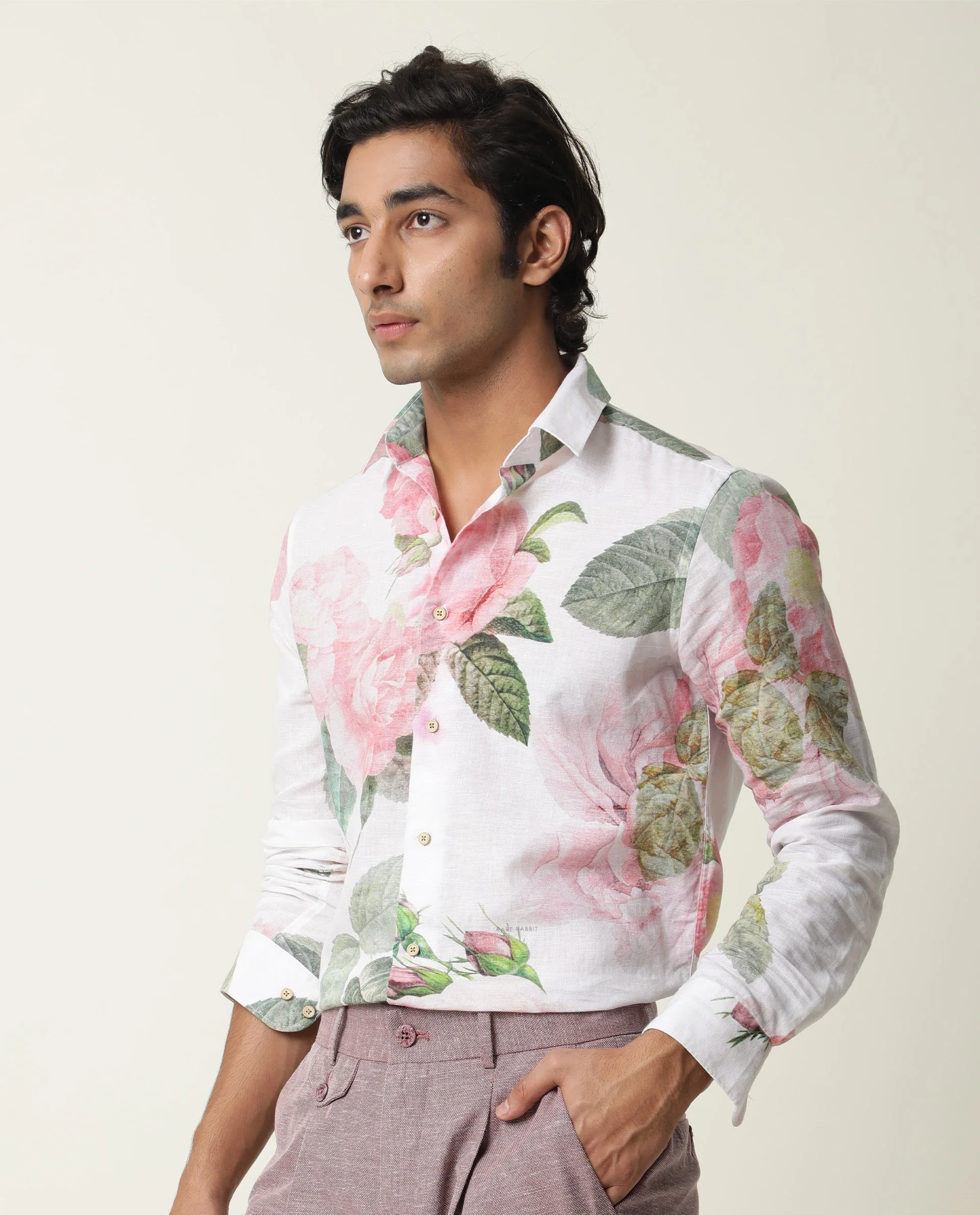Rare Rabbit Men's Sloven White Cotton Floral Print Regular Fit Full Sleeve Collared Shirt