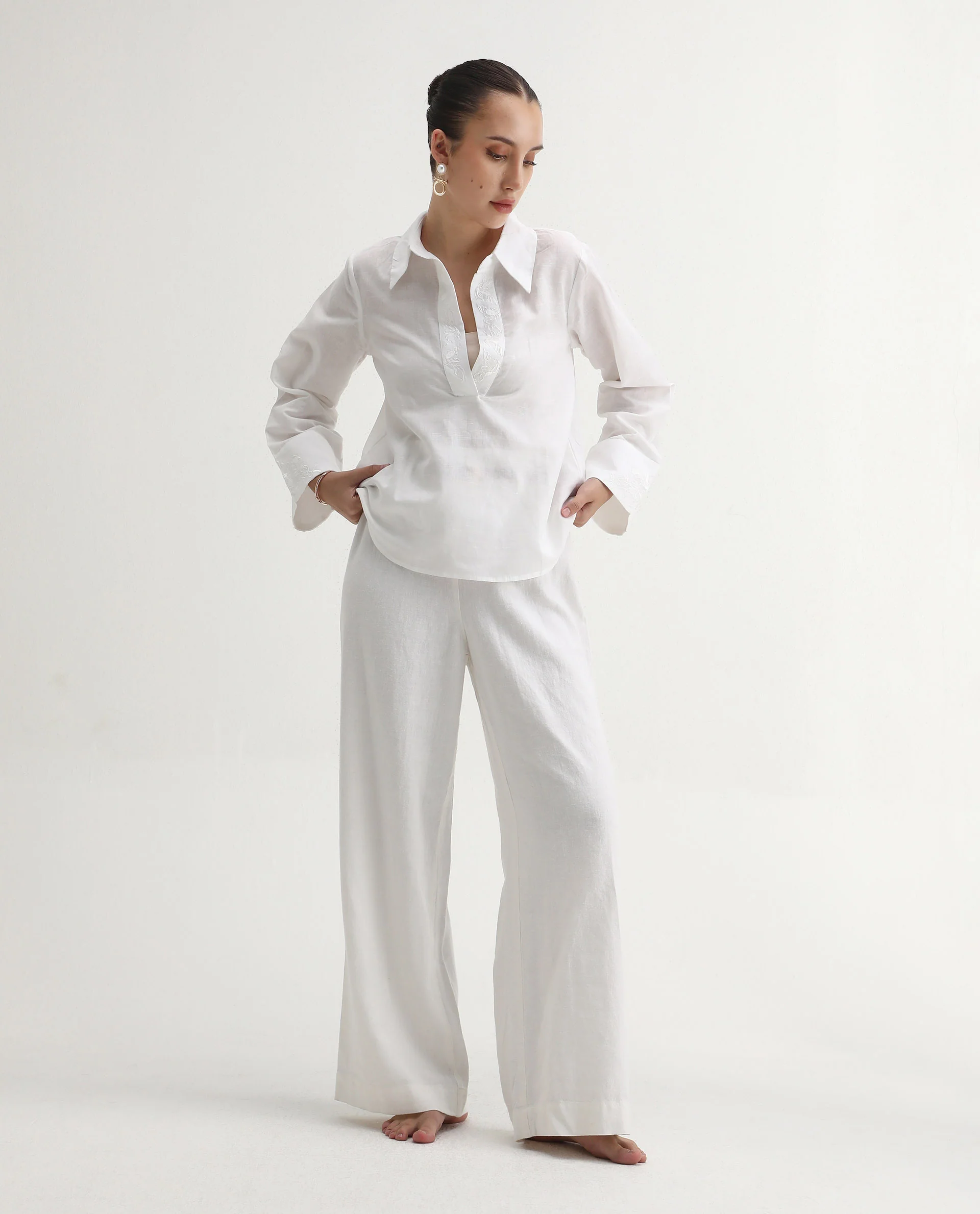 Rareism Women's Sofian White Cotton Blend Spread Collar Plain Bell Sleeve Relaxed Fit Top