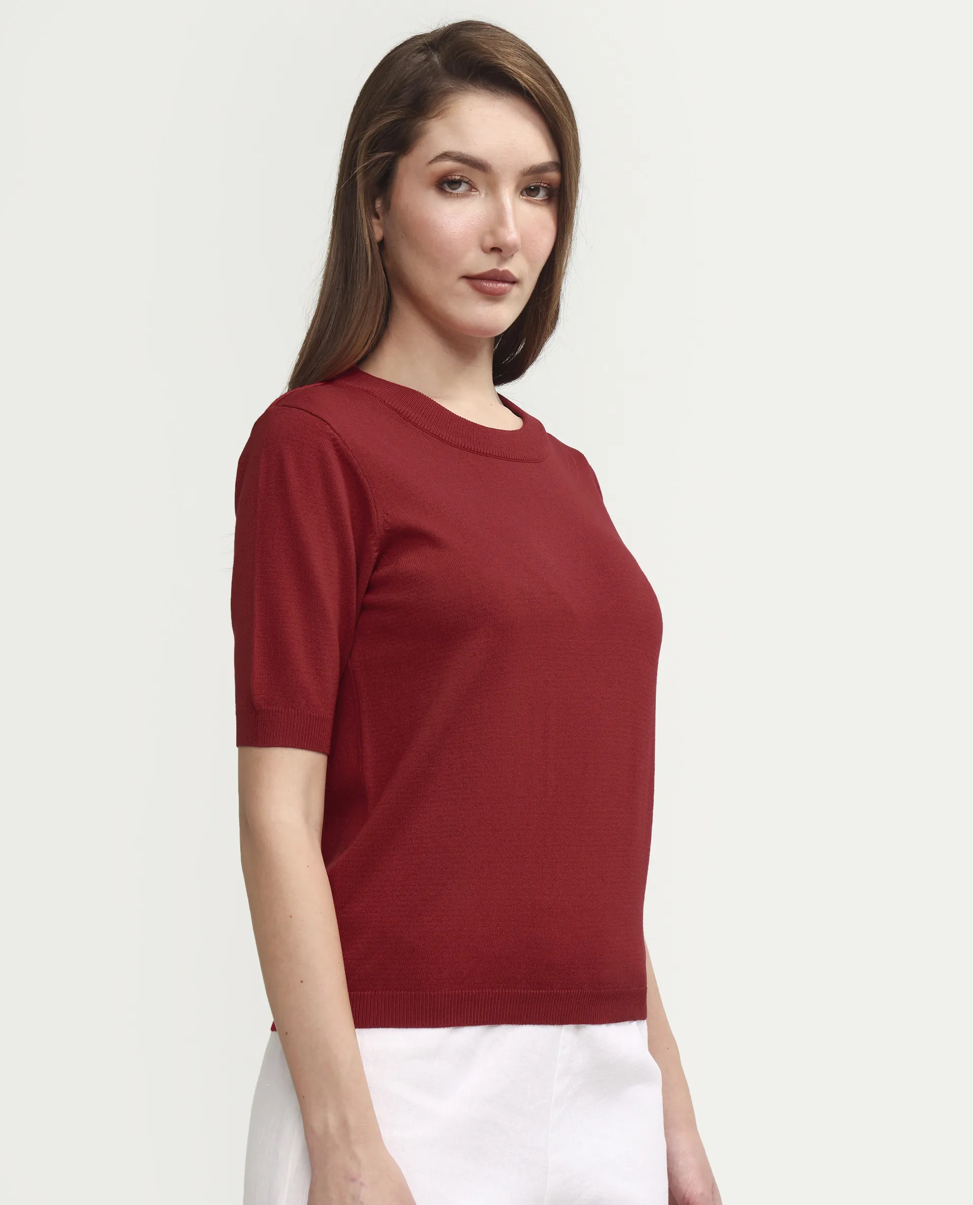 Rareism Women's Sohrdo Red Nylon Blend Half Sleeve Crew Neck Regular Fit Plain Top - Image 6