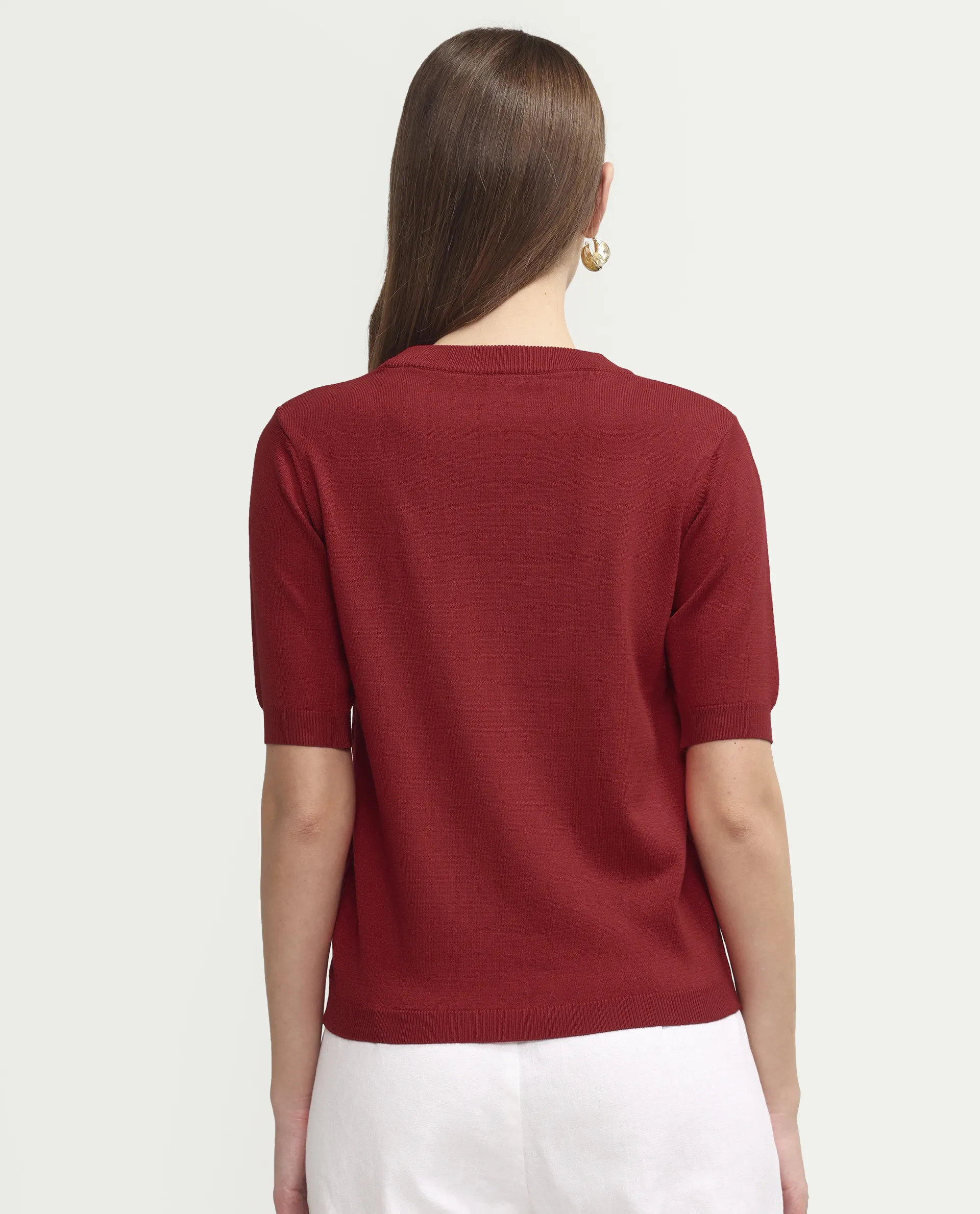 Rareism Women's Sohrdo Red Nylon Blend Half Sleeve Crew Neck Regular Fit Plain Top - Image 7