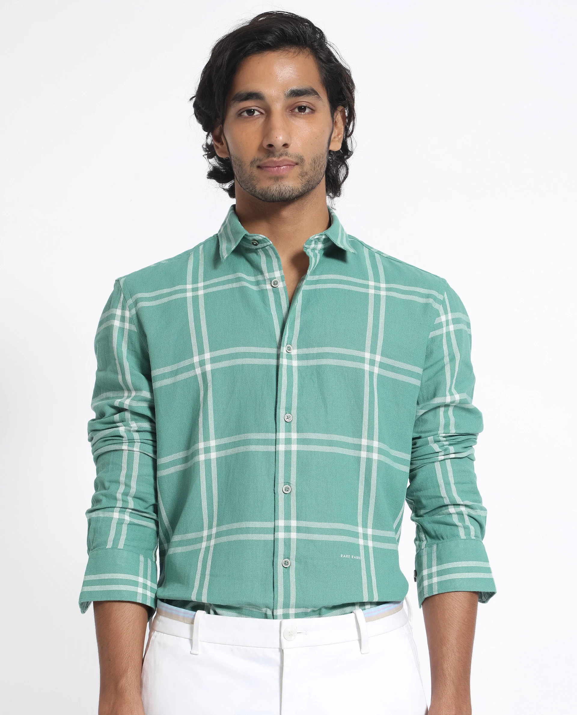 Rare Rabbit Men's Solan Green Cotton Checked Print Regular Fit Full Sleeve Collared Shirt