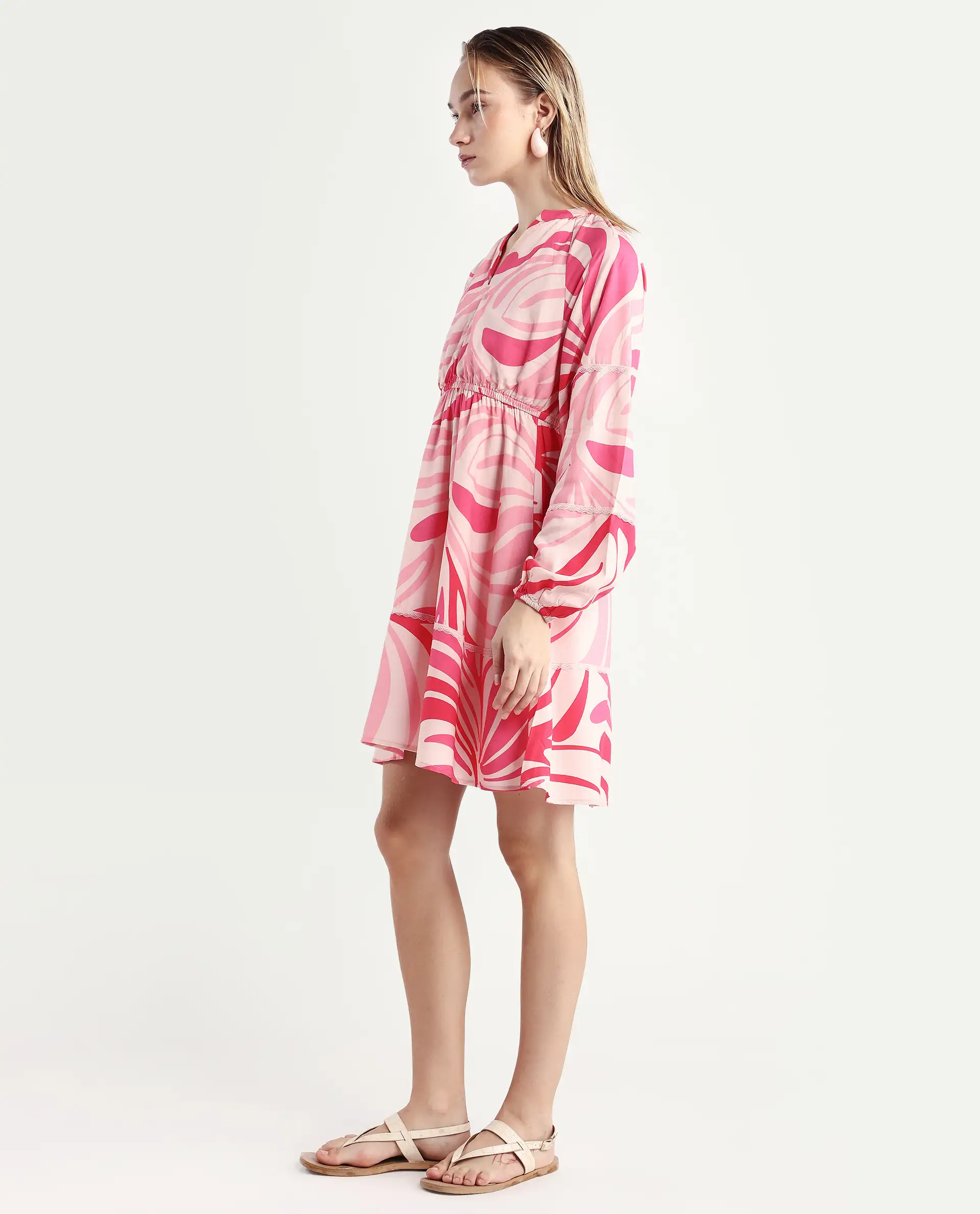 Rareism Women's Somalin Multi Viscose Mandarin Collar Abstract Print Raglan Sleeve Mini Fit And Flare Dress - Image 5