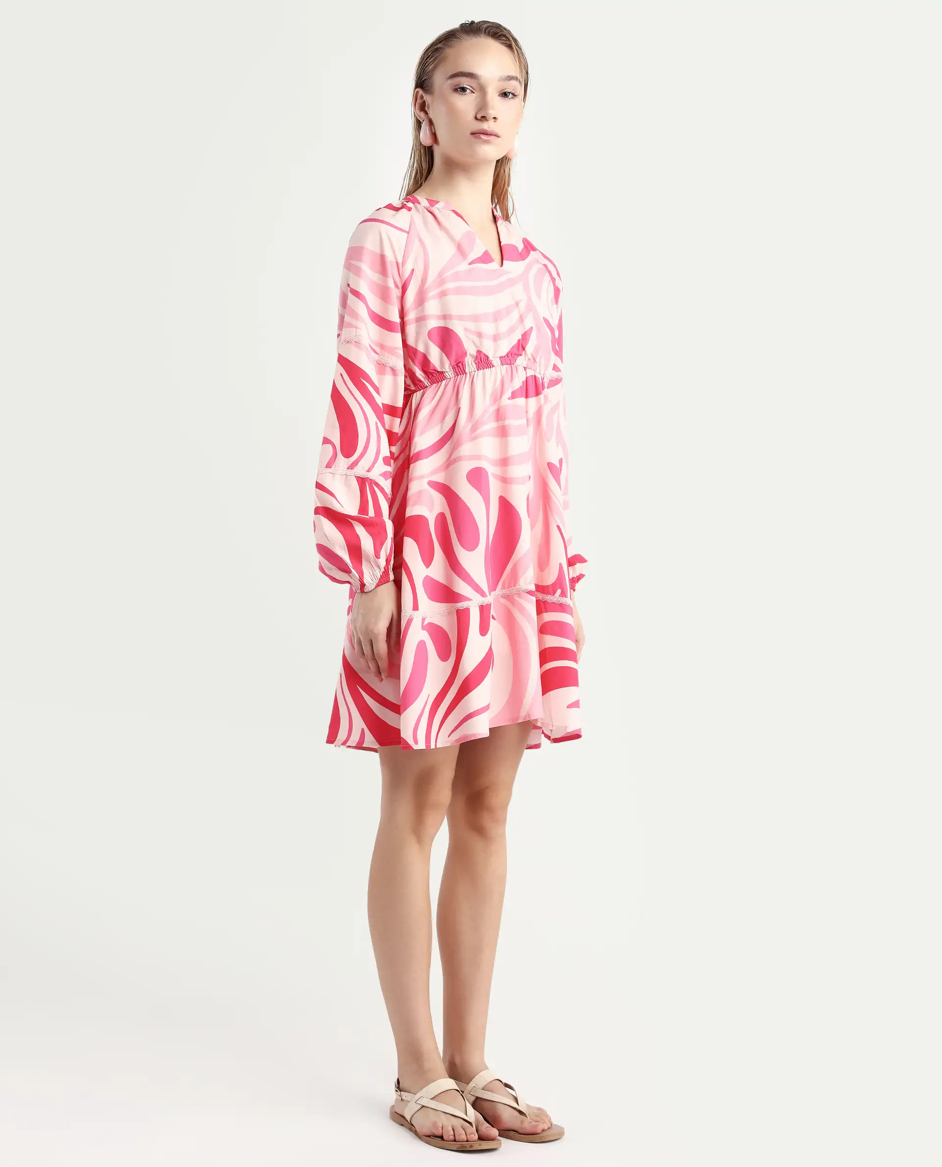 Rareism Women's Somalin Multi Viscose Mandarin Collar Abstract Print Raglan Sleeve Mini Fit And Flare Dress - Image 6