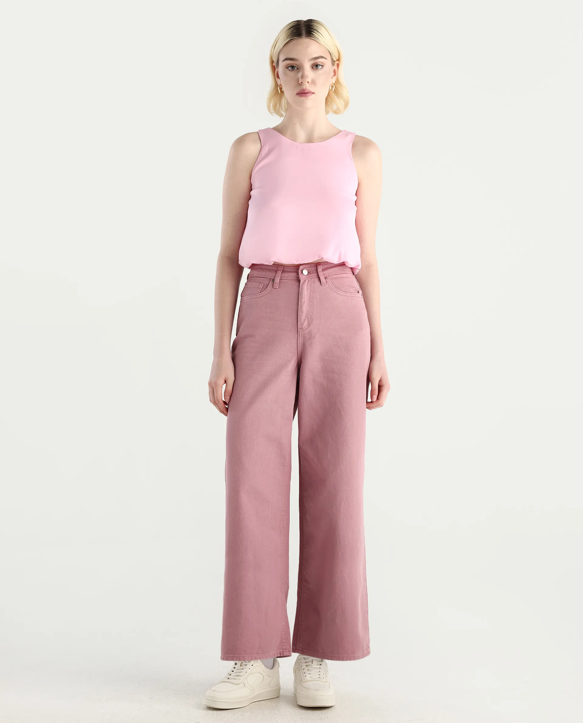 Rareism Women's Somnim Dusky Pink Cotton Blend Plain Ankle Length Wide Trouser - Image 2