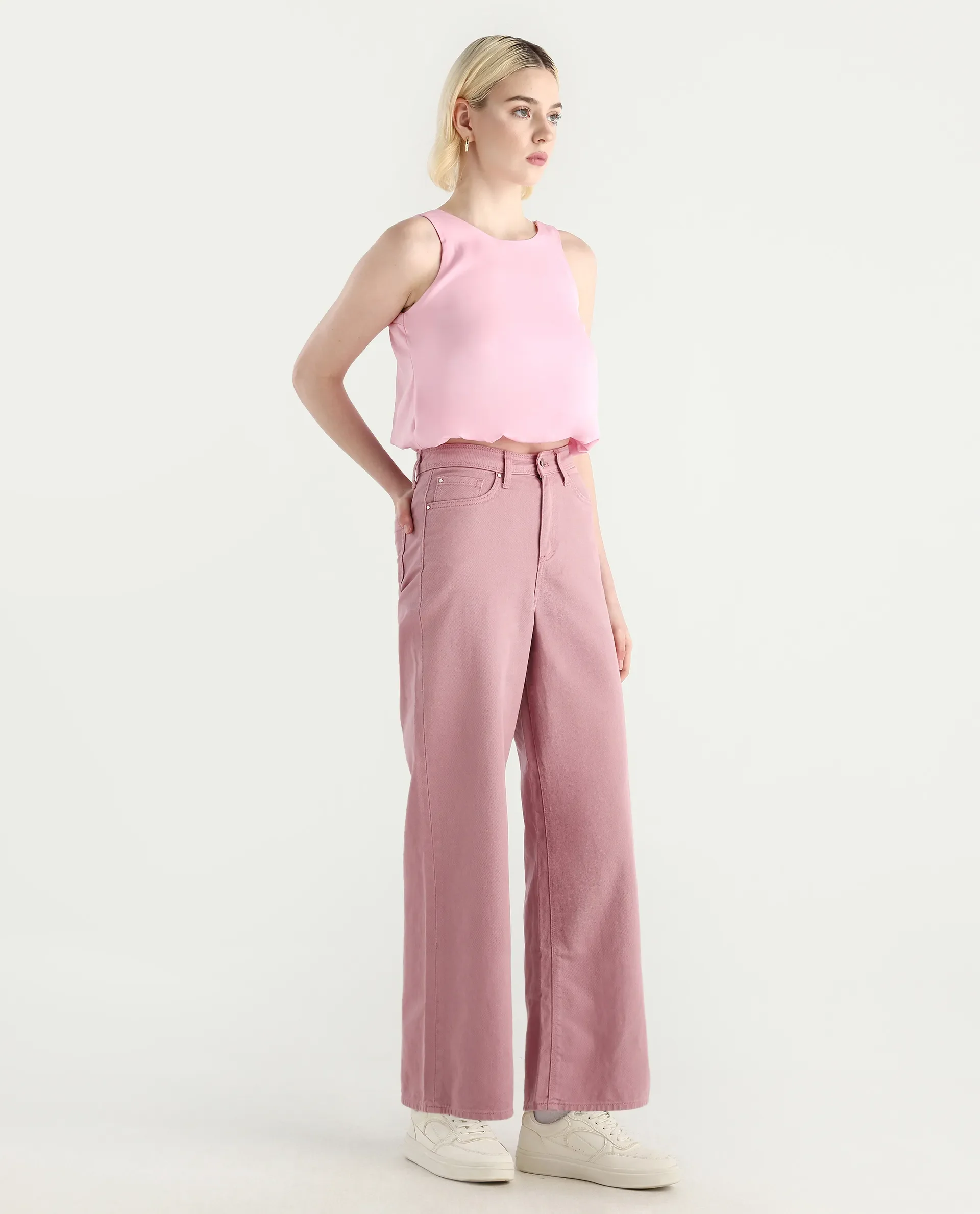 Rareism Women's Somnim Dusky Pink Cotton Blend Plain Ankle Length Wide Trouser - Image 8