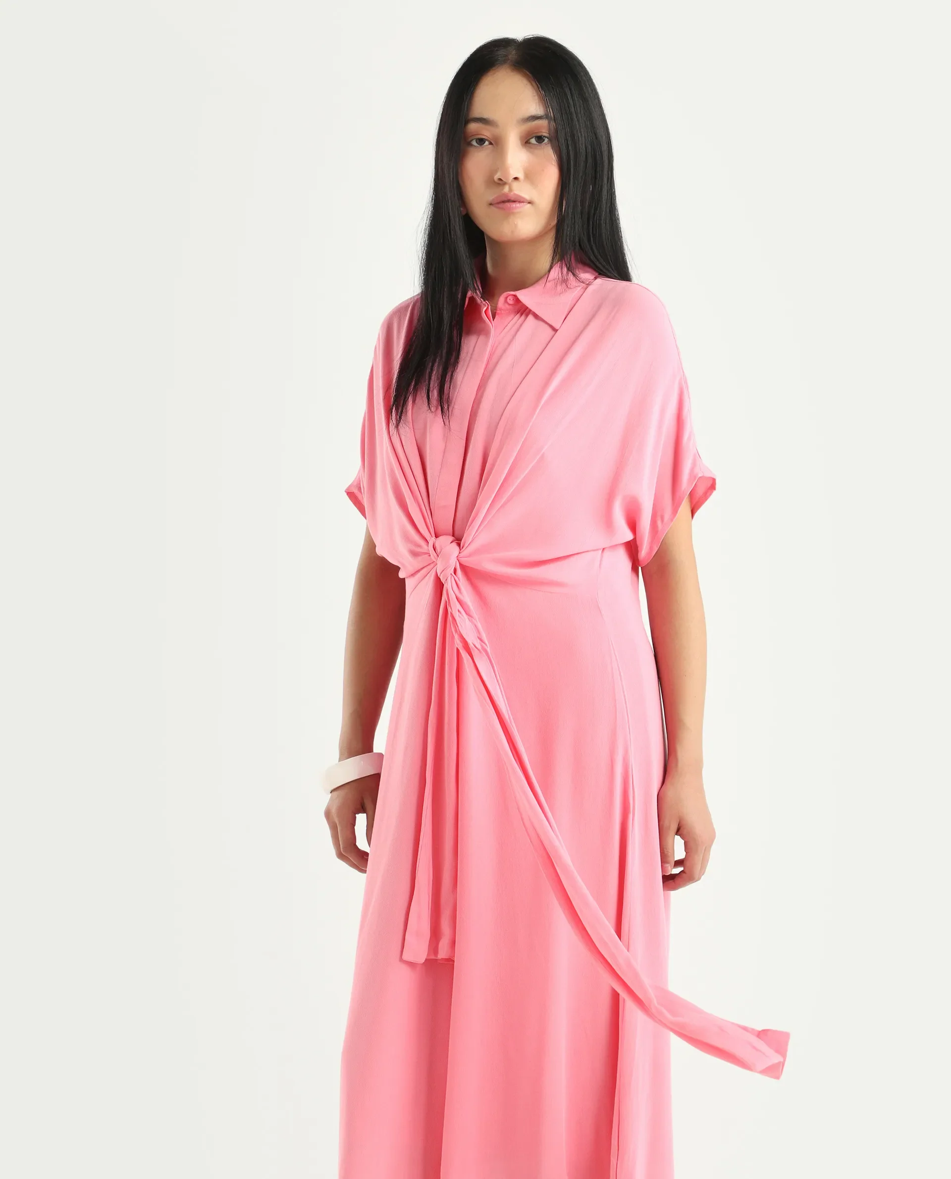 Rareism Women's Somnur Dusky Pink Cotton Spread Collar Plain Midi A-Line Dress - Image 3