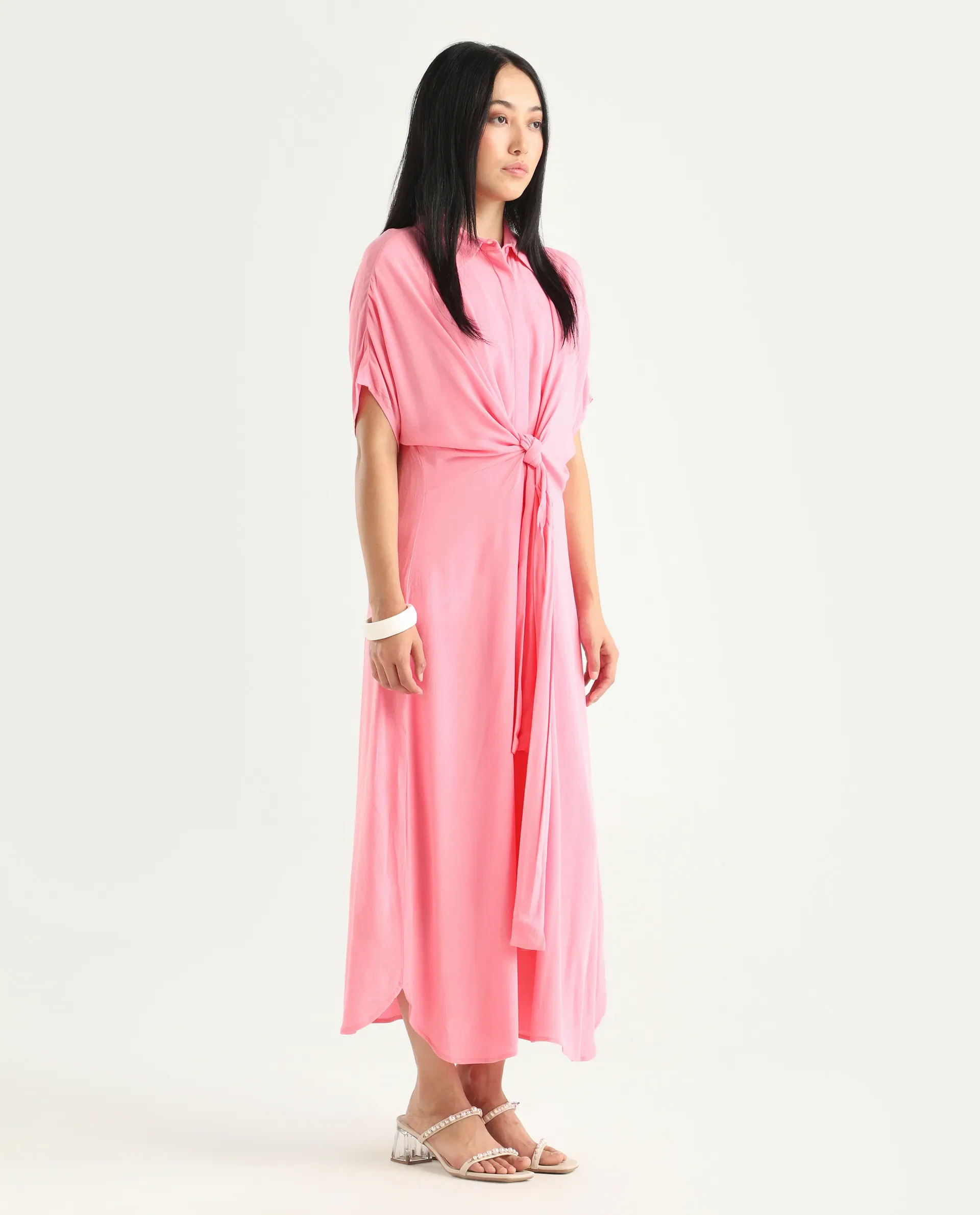 Rareism Women's Somnur Dusky Pink Cotton Spread Collar Plain Midi A-Line Dress - Image 7