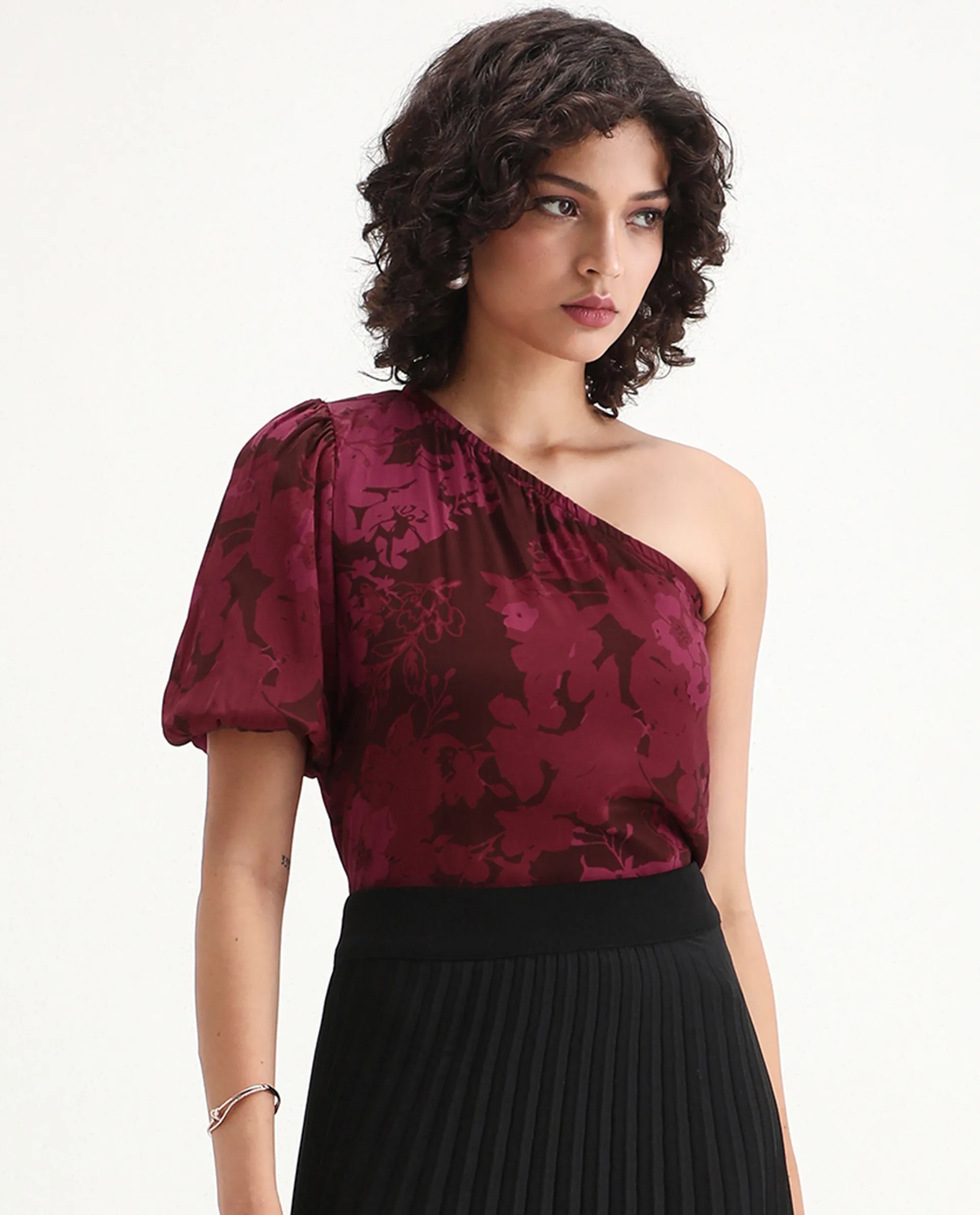 Rareism Women's Somray Red Polyester One Shoulder Floral Print One Shoulder Regular Fit Top