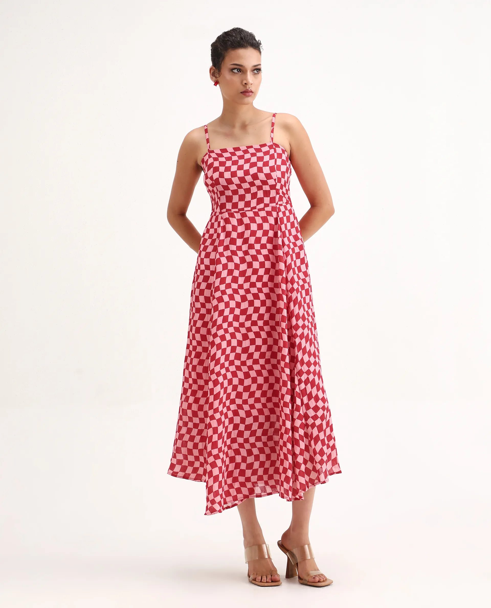 Rareism Women's Somtu Pink Cotton Shoulder Strap Geometric Print Shoulder Strap Midi Fit And Flare Dress - Image 2