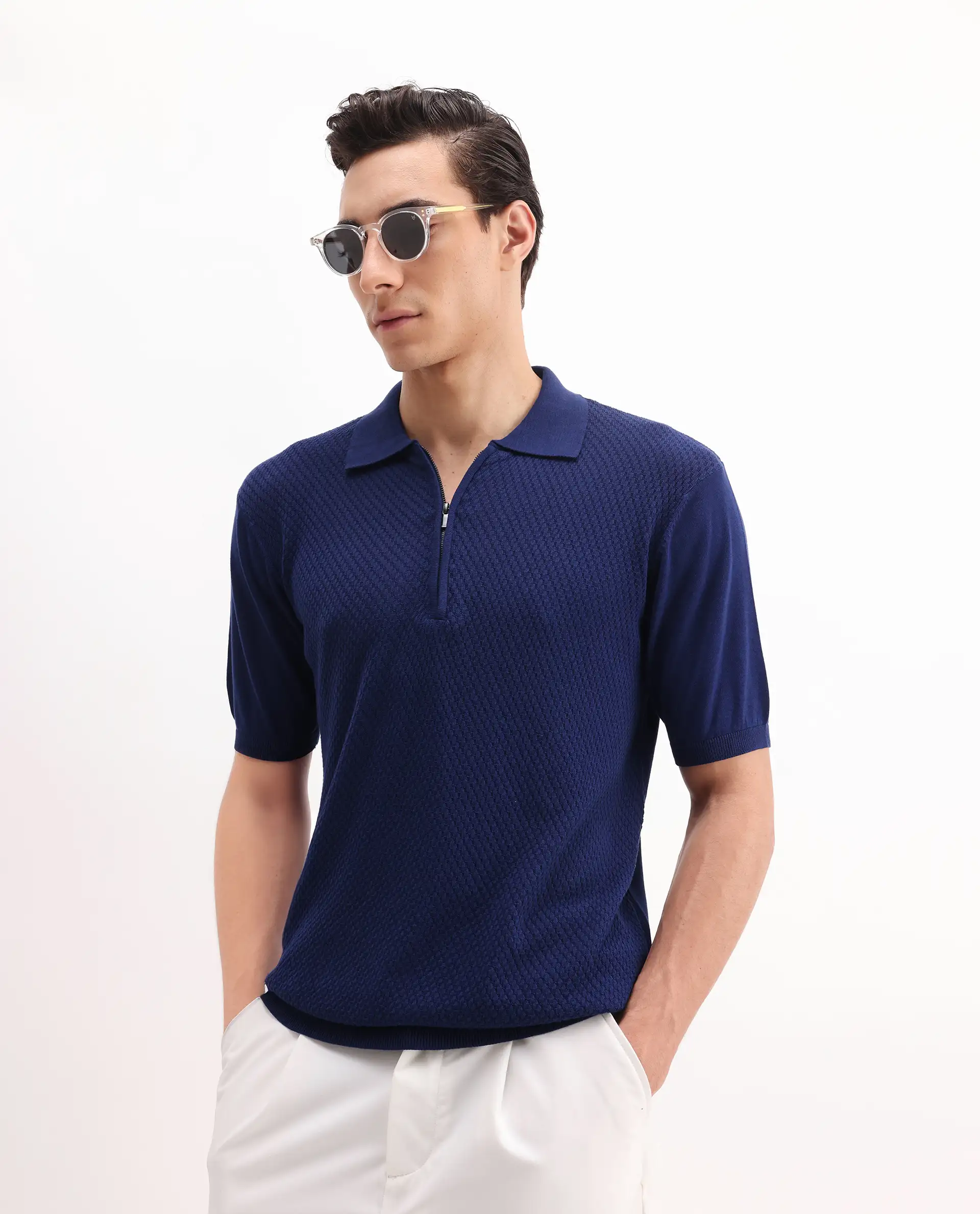 Rare Rabbit Men's Sony Dark Blue Cotton Textured Regular Fit Half Sleeve Polo
