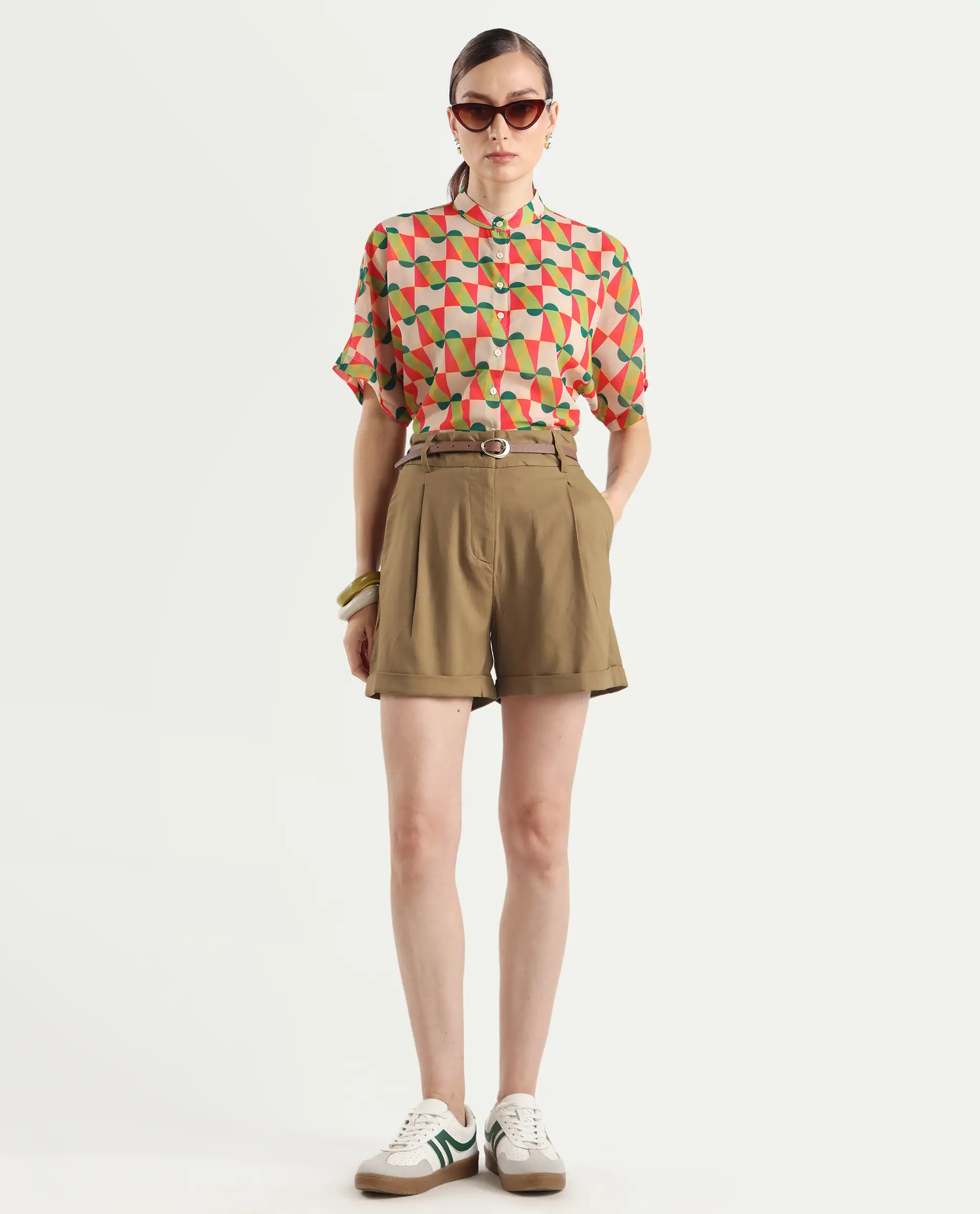 Rareism Women's Sopari Dark Khaki Polyester Plain Mini Regular Fit Shorts