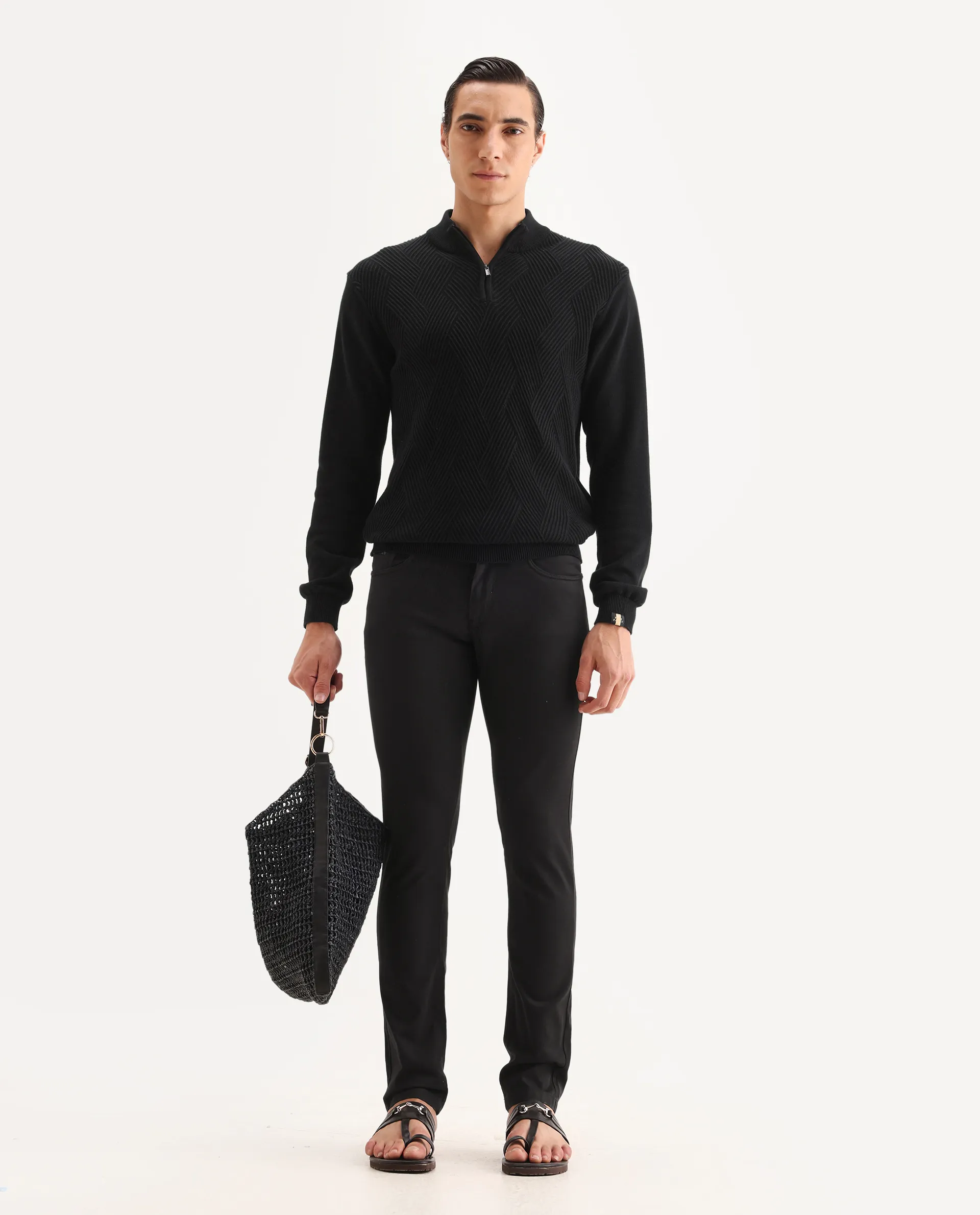 Rare Rabbit Men's Spoke-22 Black Cotton Plain Regular Fit Trouser