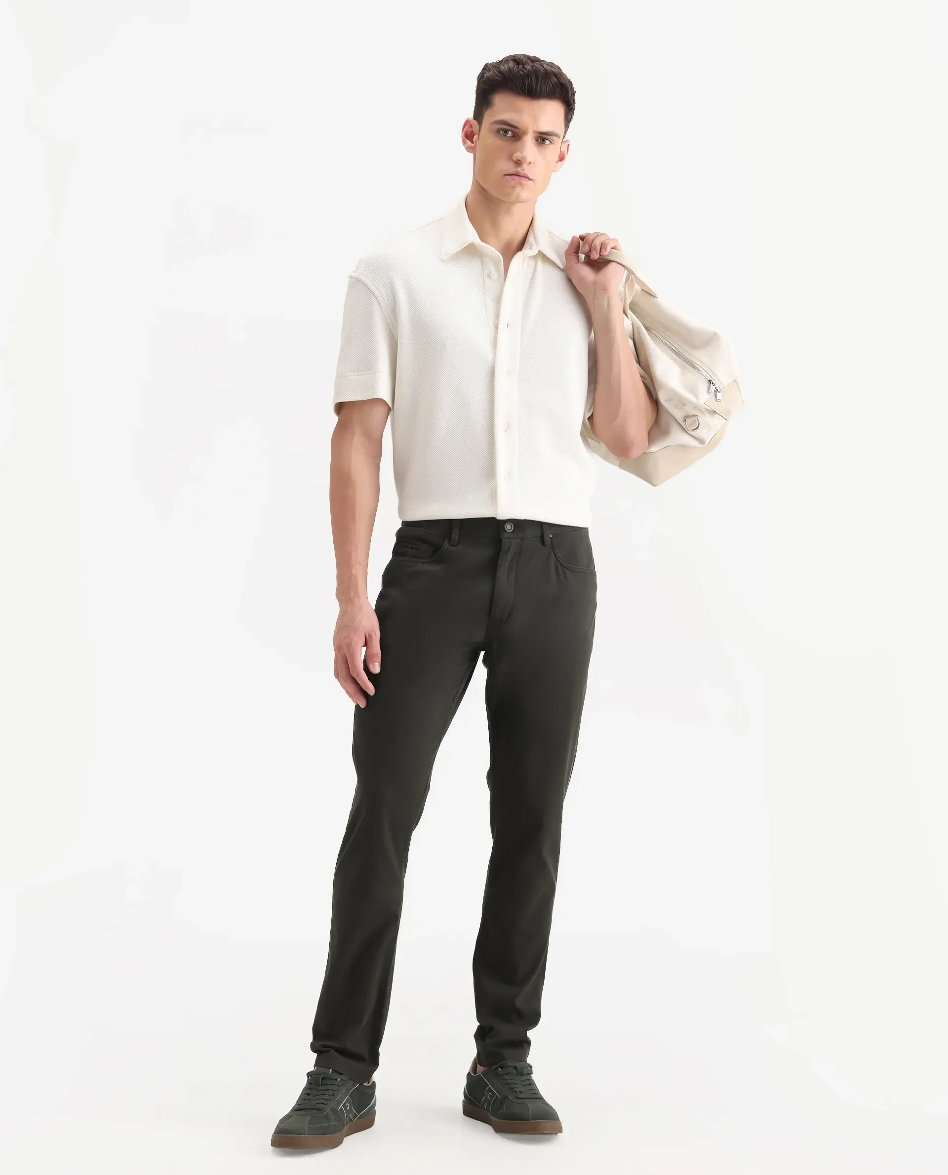Rare Rabbit Men's Spoke-Aw25 Dark Green Cotton Blend Plain Regular Fit Trouser