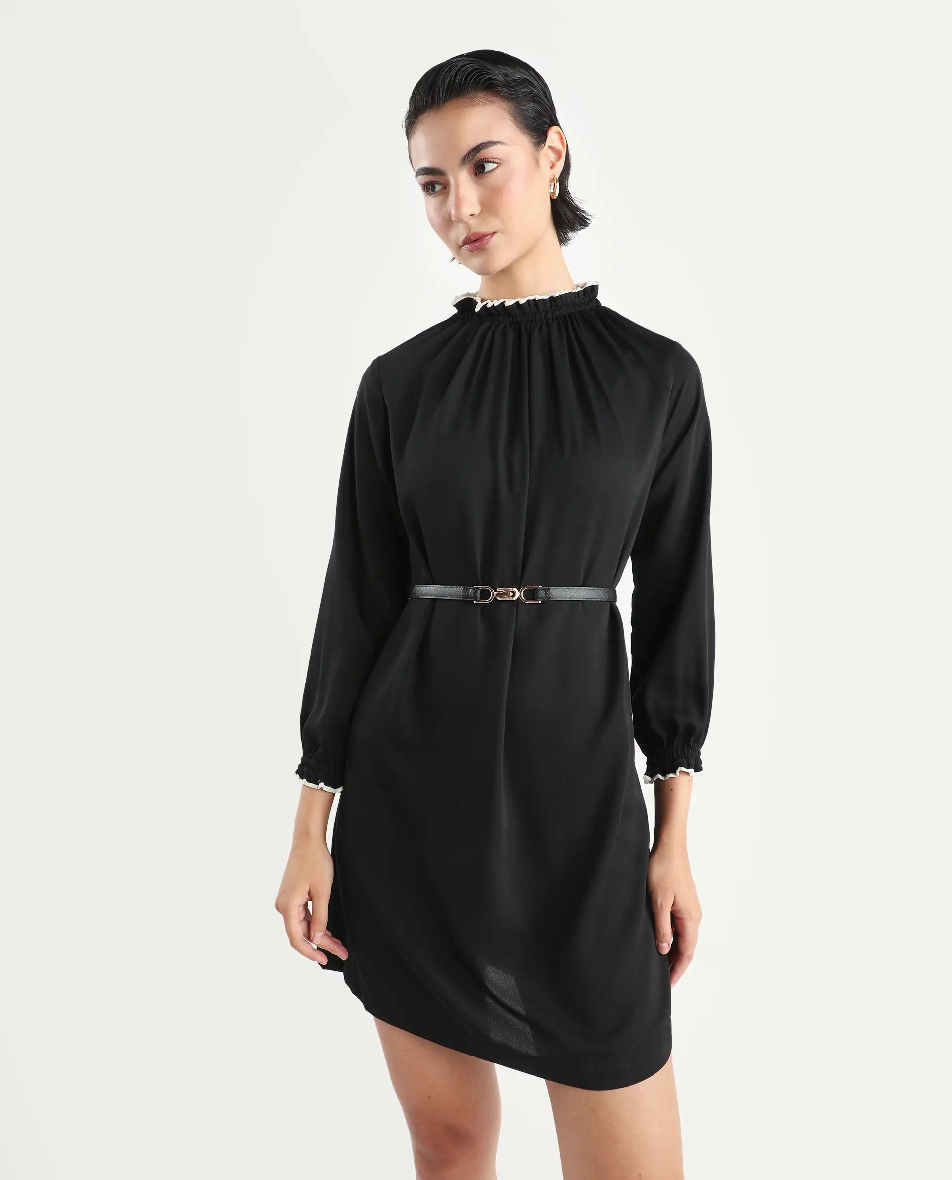 Rareism Women's Spoke Black Polyester Crew Neck Plain Knee Length Relaxed Fit Dress