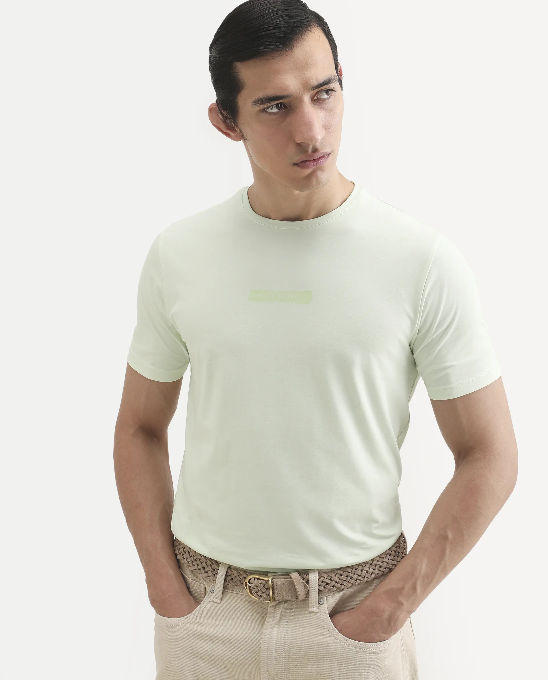 Rare Rabbit Men's Spur Light Green Cotton Blend Fabric Half Sleeve Crew Neck Regular Fit Graphic Print T-Shirt