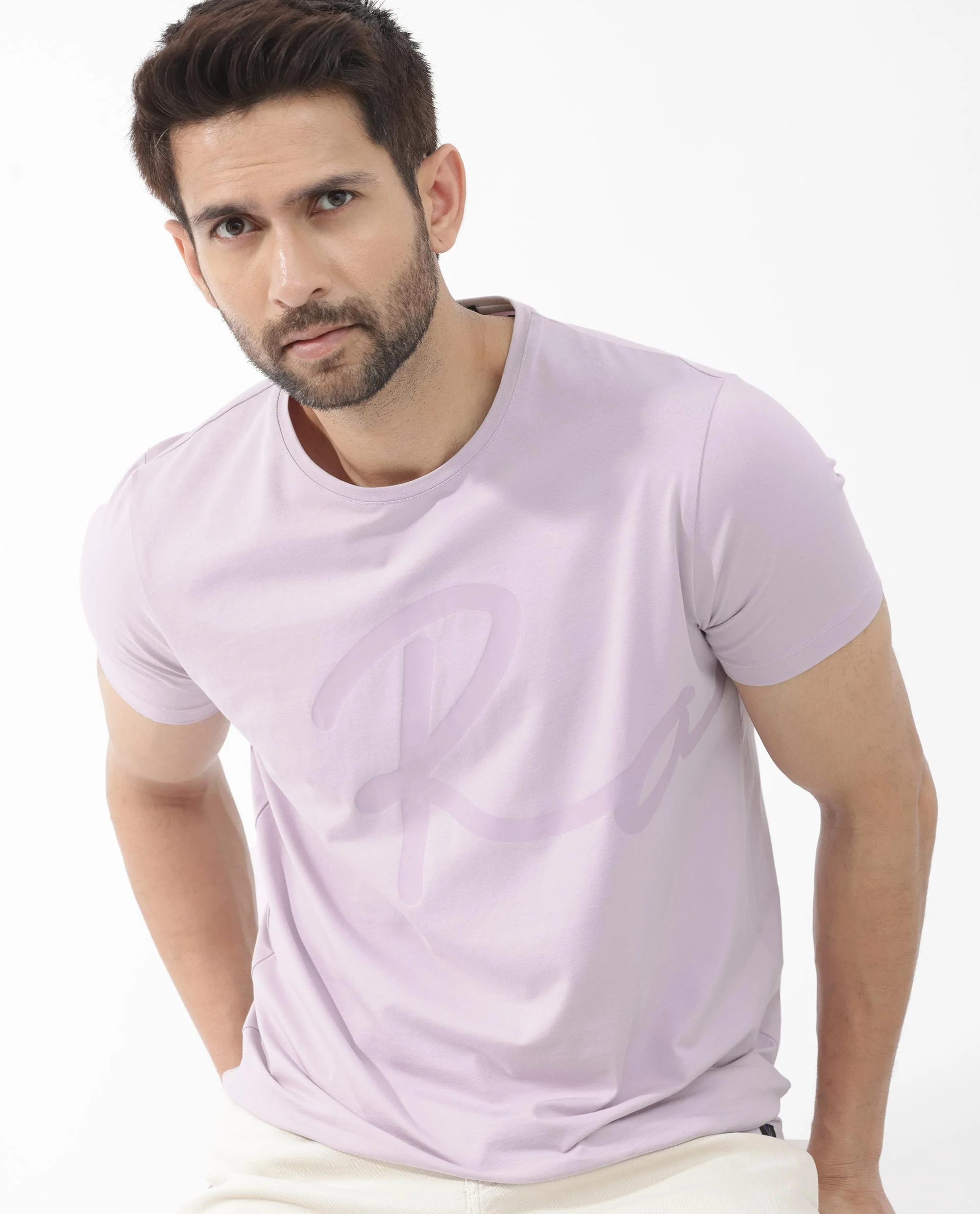 Rare Rabbit Men's Stamp 2 Dusky Pink Cotton Blend Graphic Print Regular Fit Half Sleeve Crew Neck T-Shirt