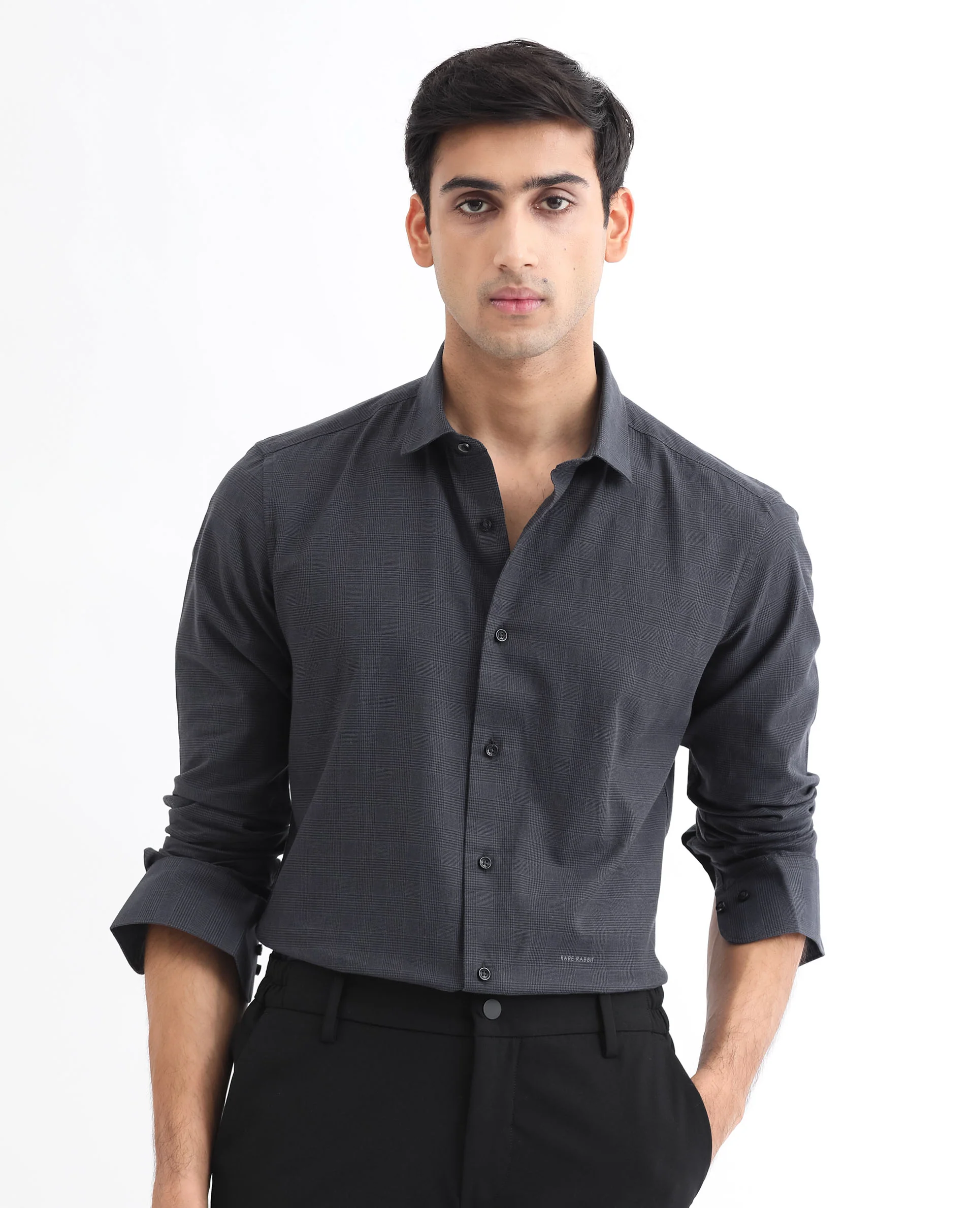 Rare Rabbit Men's Stark Black Cotton Checked Print Regular Fit Full Sleeve Collared Shirt