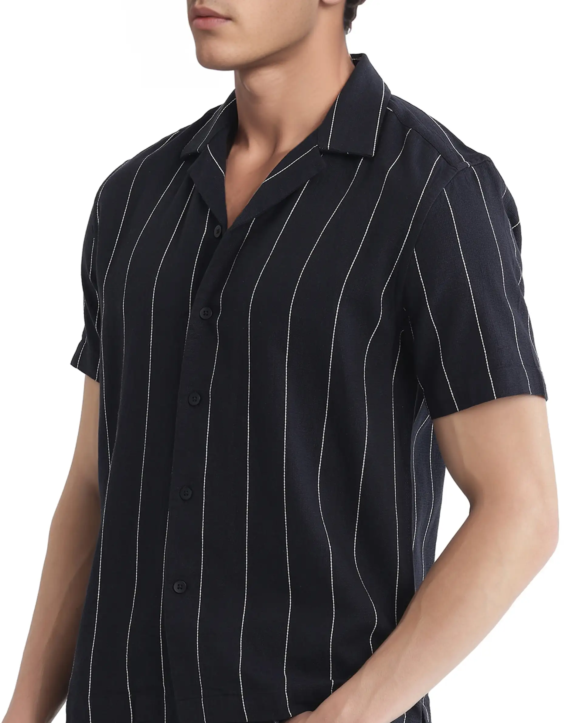 Rare Rabbit Men's Ste Navy Cotton Blend Striped Print Boxy Fit Half Sleeve Cuban Collar Shirt - Image 4