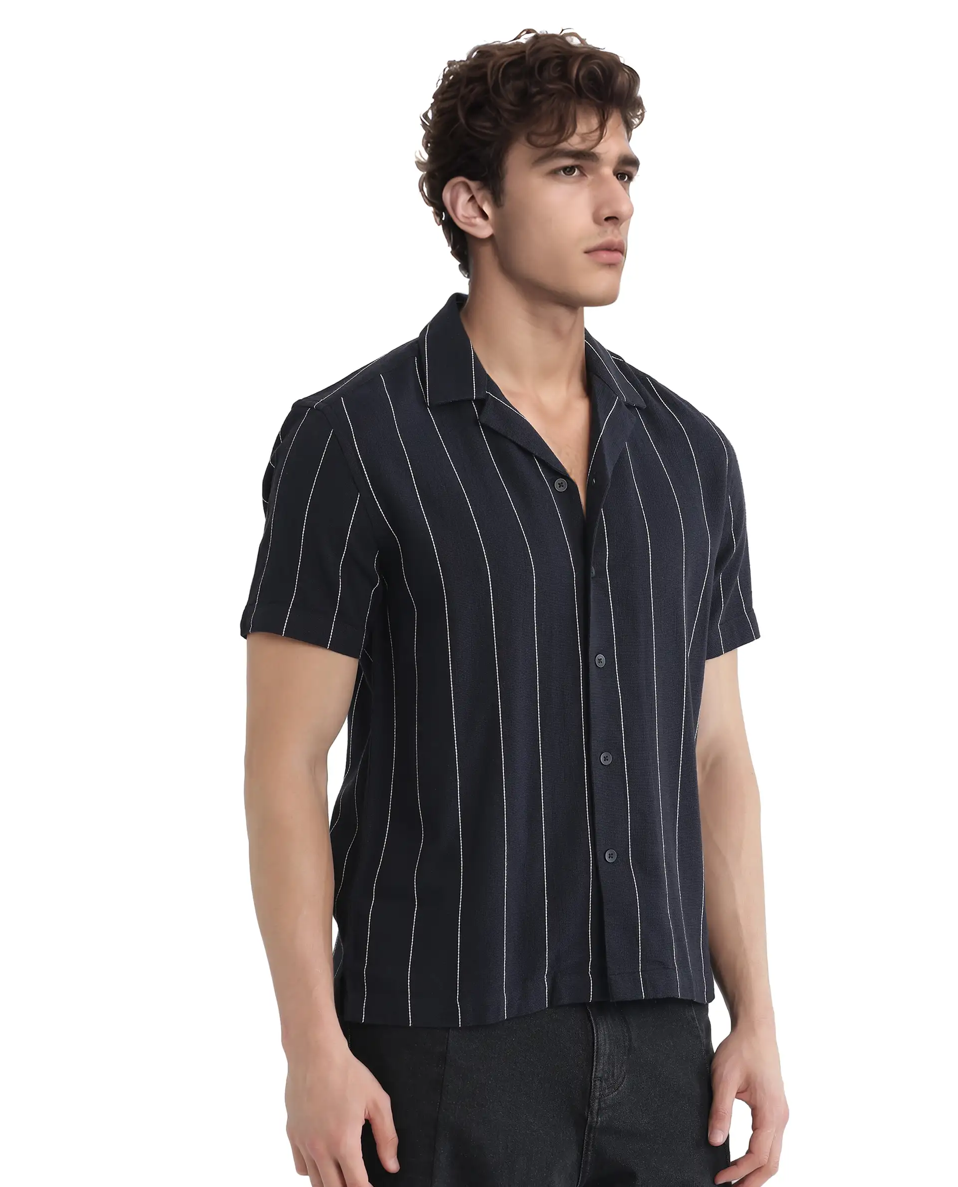 Rare Rabbit Men's Ste Navy Cotton Blend Striped Print Boxy Fit Half Sleeve Cuban Collar Shirt - Image 7