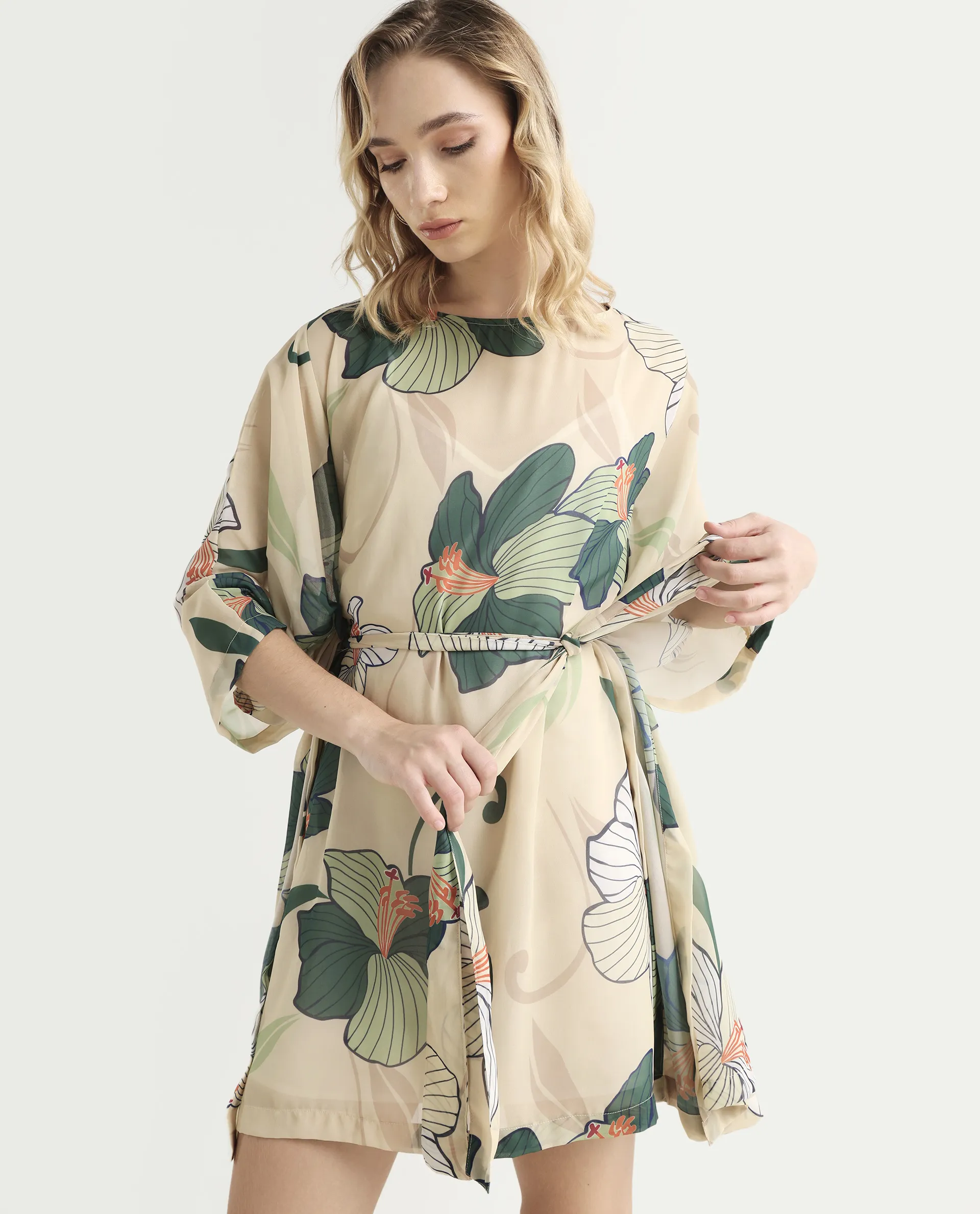 Rareism Women's Steevi Offwhite Boat Neck Abstract Print Flared Sleeve Knee Length Regular Fit Dress