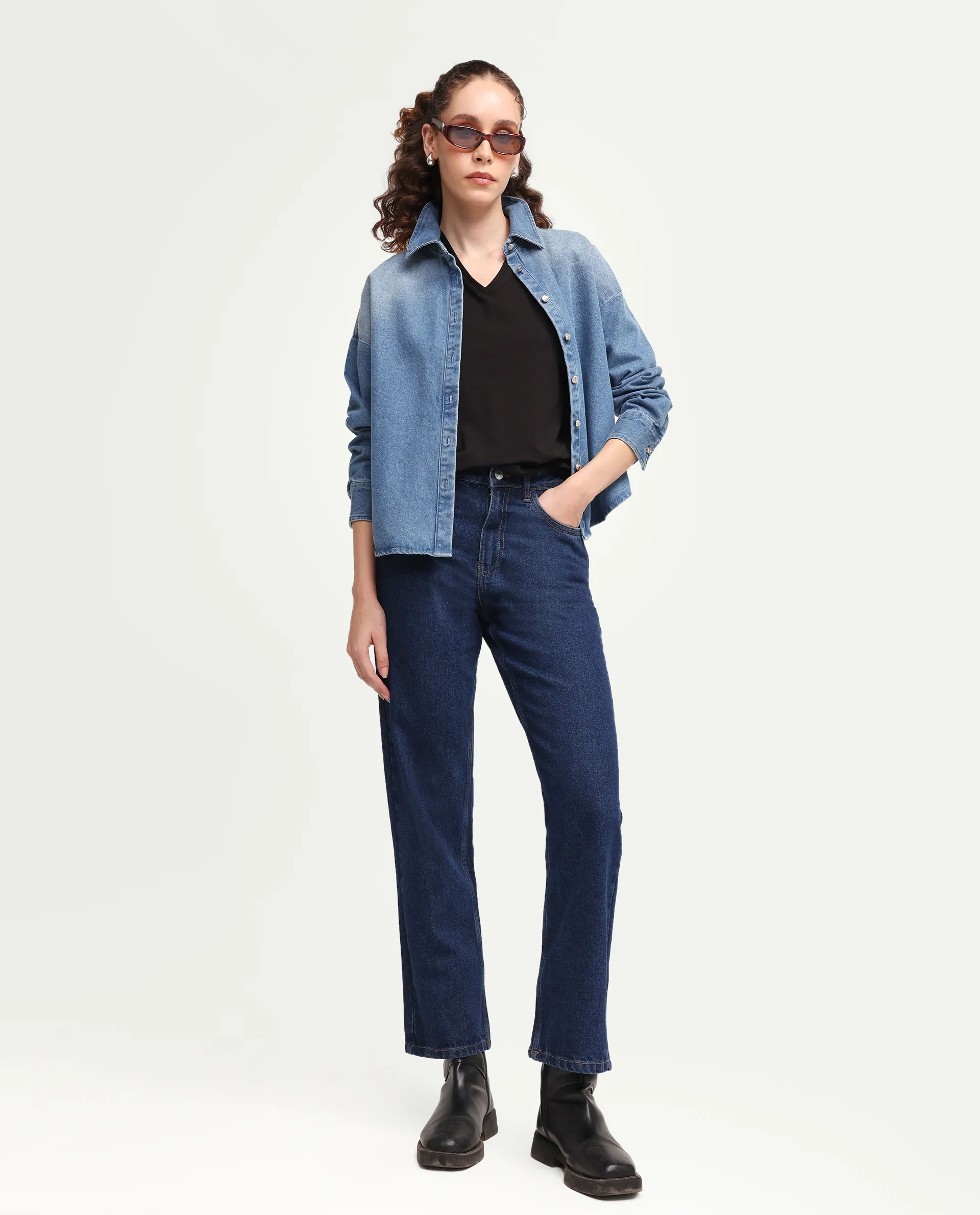 Rareism Women's Stella Dark Blue Cotton Straight Fit Plain Jeans