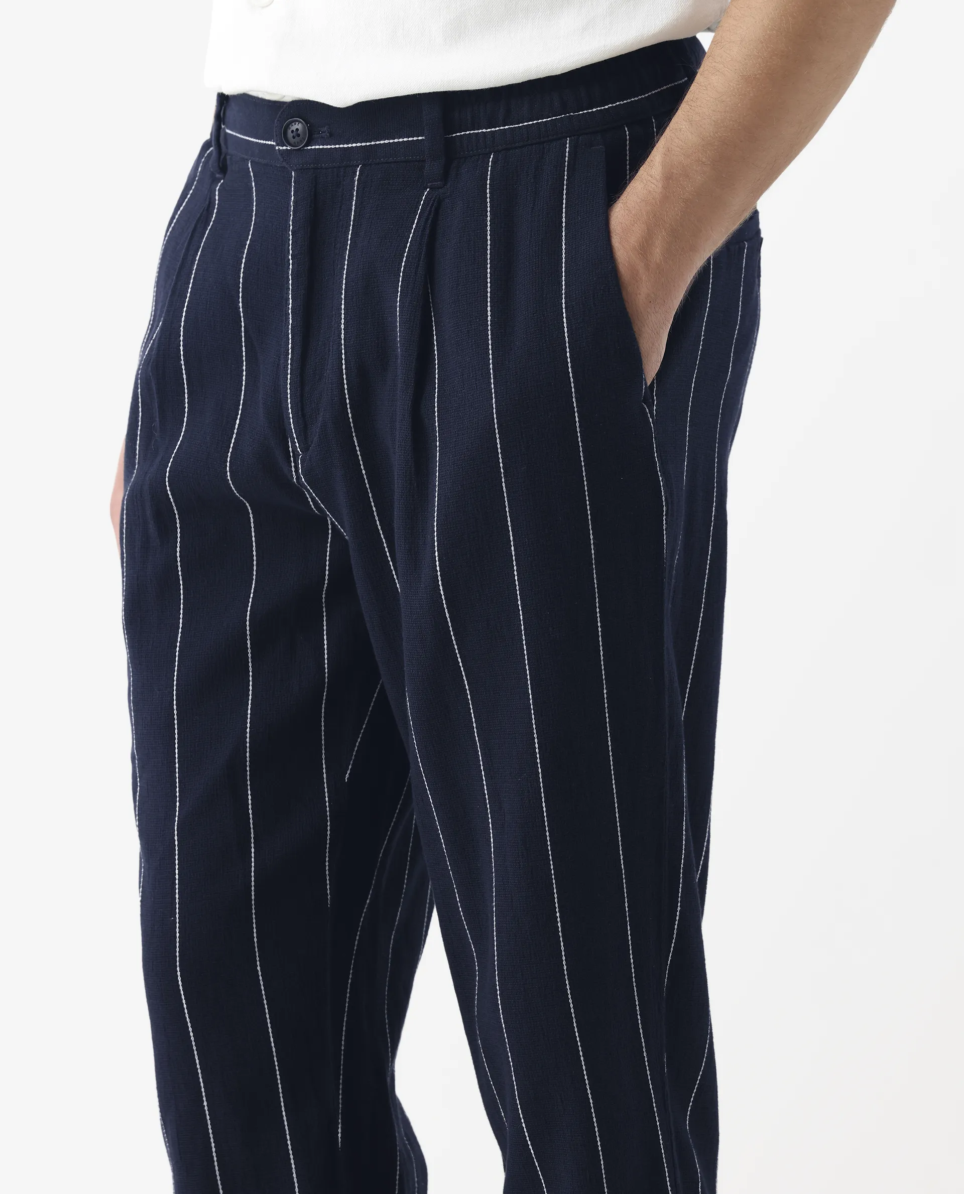 Rare Rabbit Men's Stet Navy Linen Blend Striped Print Relaxed Fit Trouser - Image 3