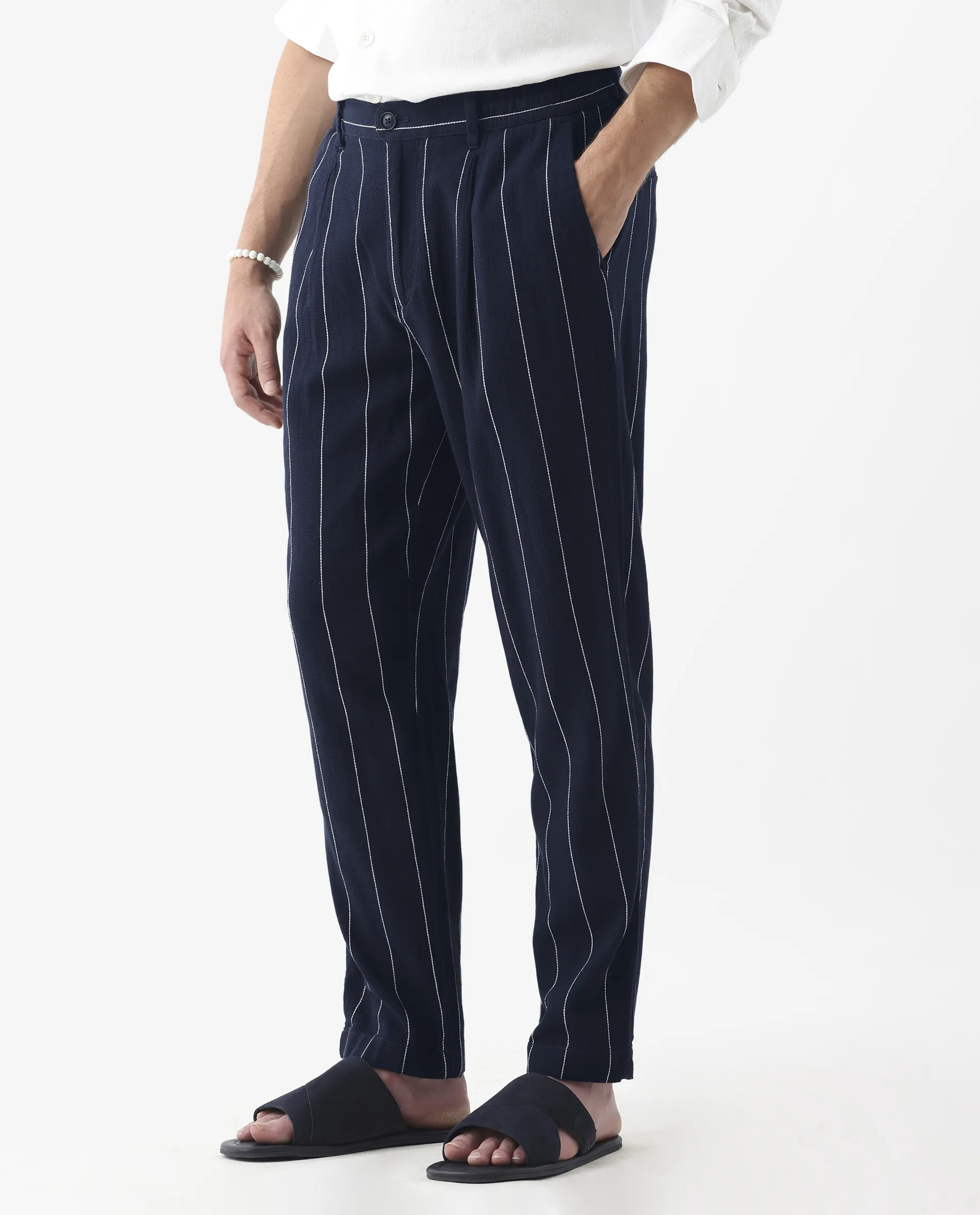 Rare Rabbit Men's Stet Navy Linen Blend Striped Print Relaxed Fit Trouser - Image 5