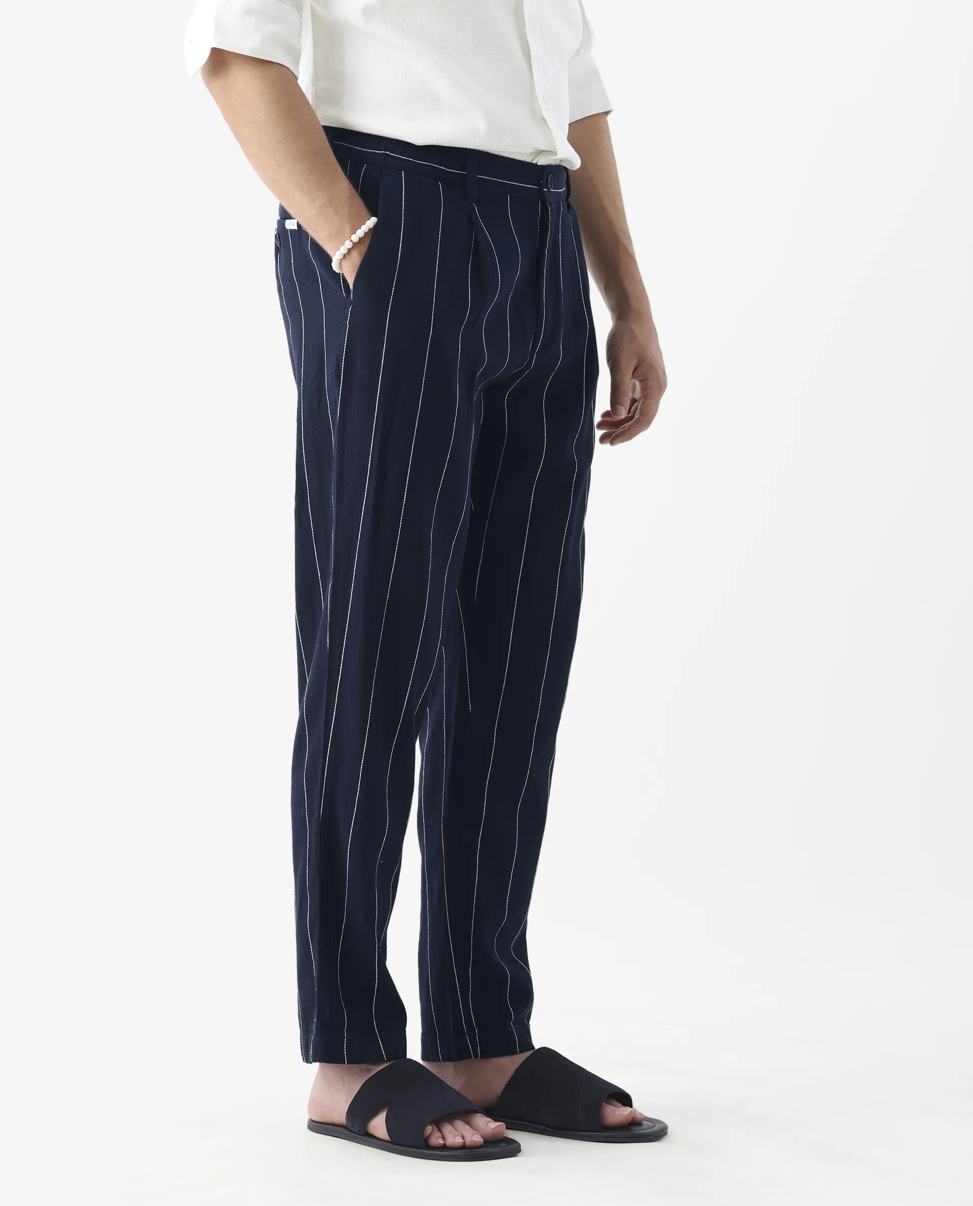 Rare Rabbit Men's Stet Navy Linen Blend Striped Print Relaxed Fit Trouser - Image 6