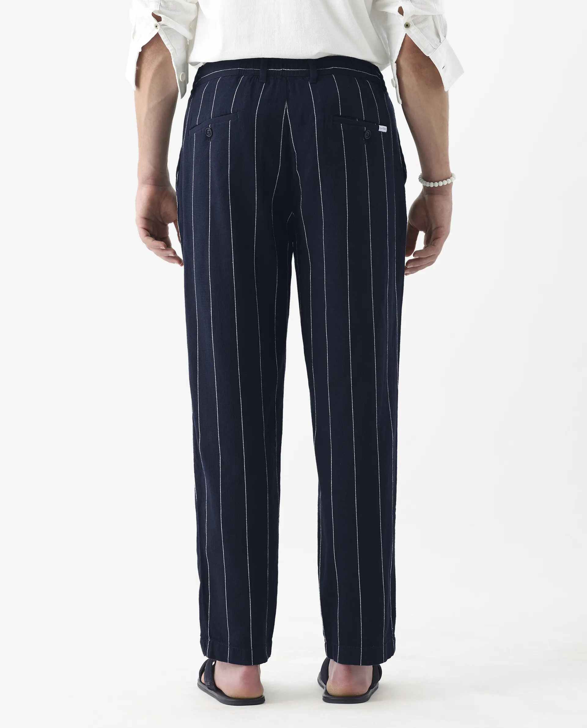Rare Rabbit Men's Stet Navy Linen Blend Striped Print Relaxed Fit Trouser - Image 8