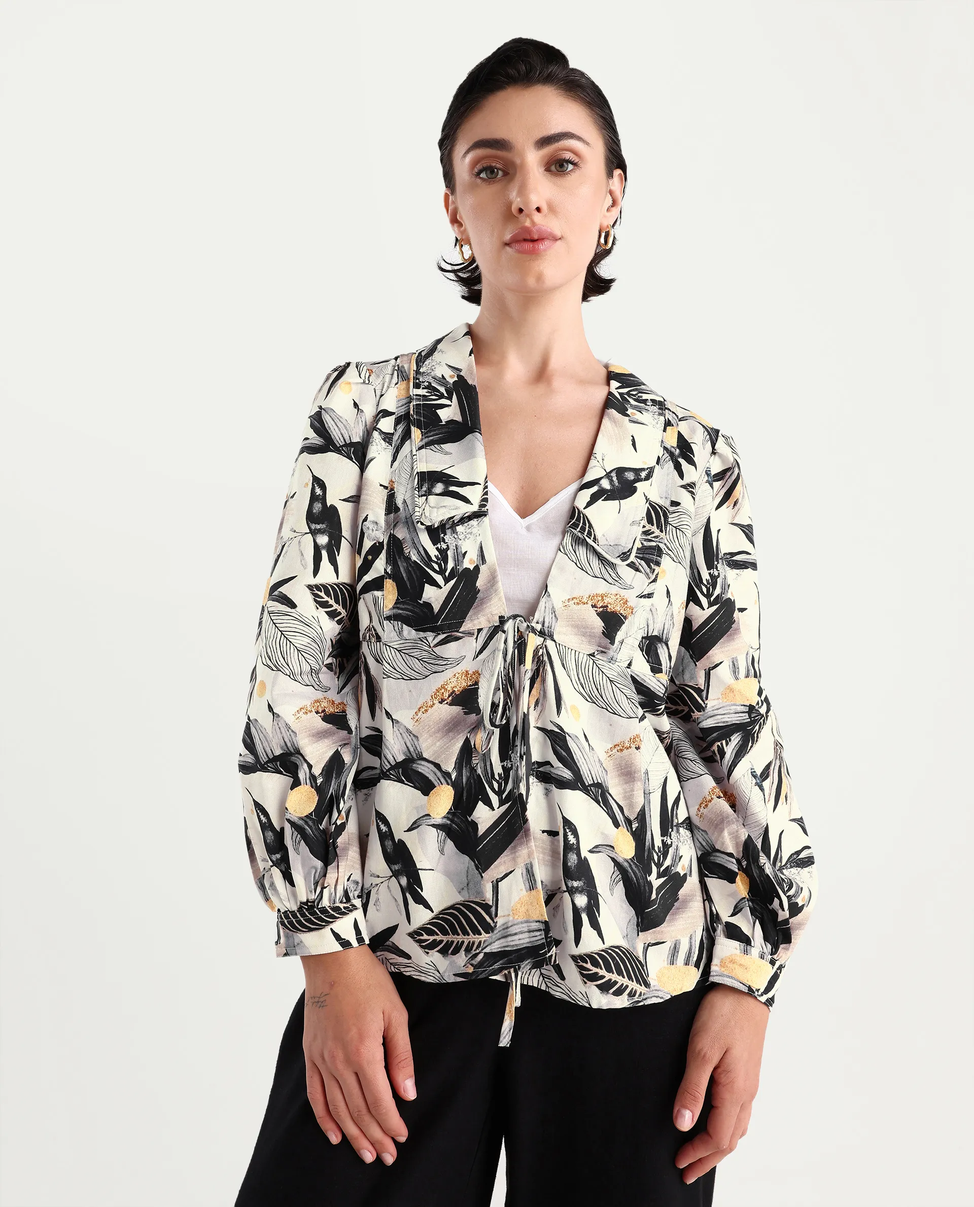 Rareism Women's Stevieo T Multi Cotton Blend Lapel Neck Tropical Print Cuffed Sleeve Regular Fit Top
