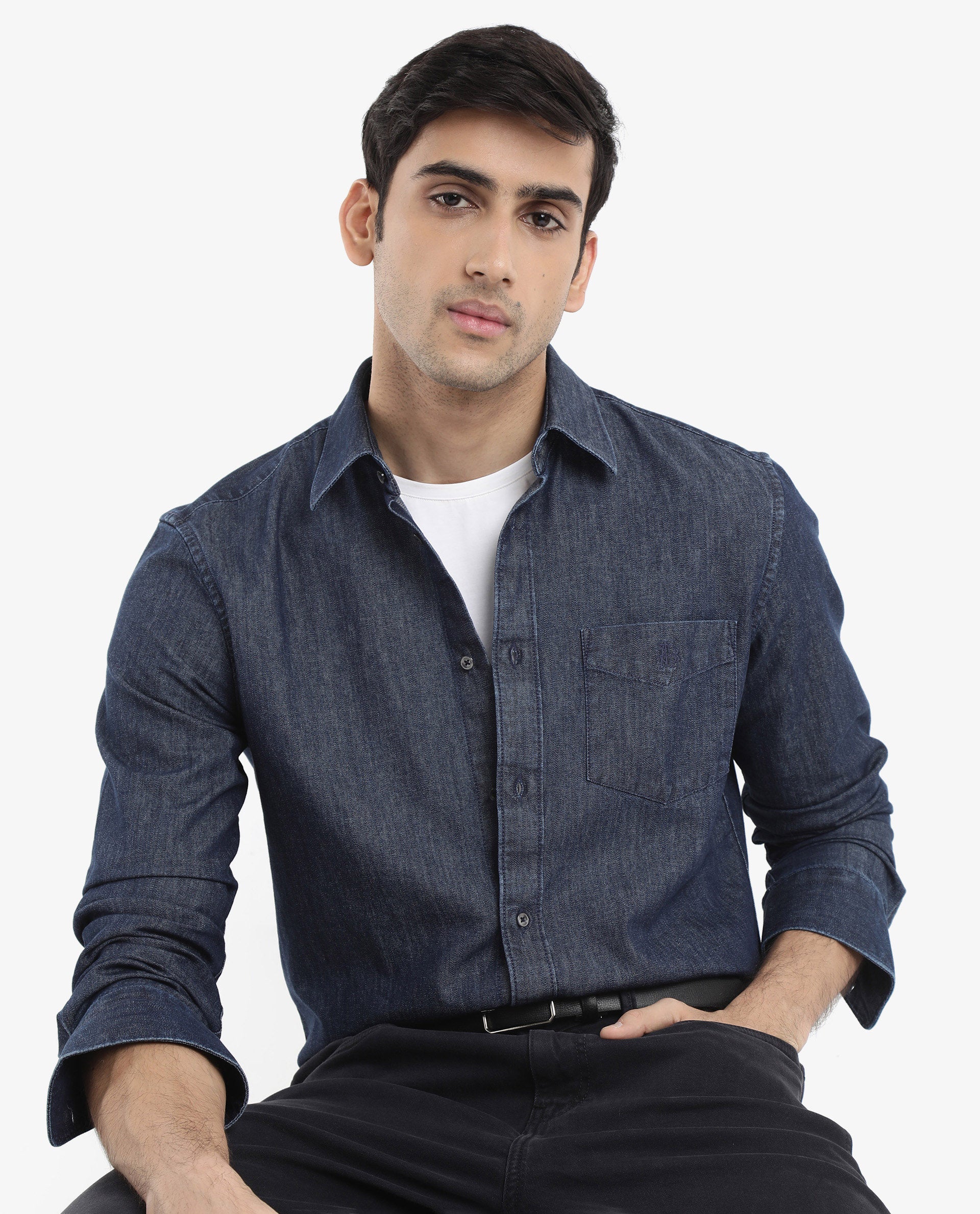 Rare Rabbit Men's Storm Dark Blue Cotton Plain Regular Fit Full Sleeve Collared Shirt