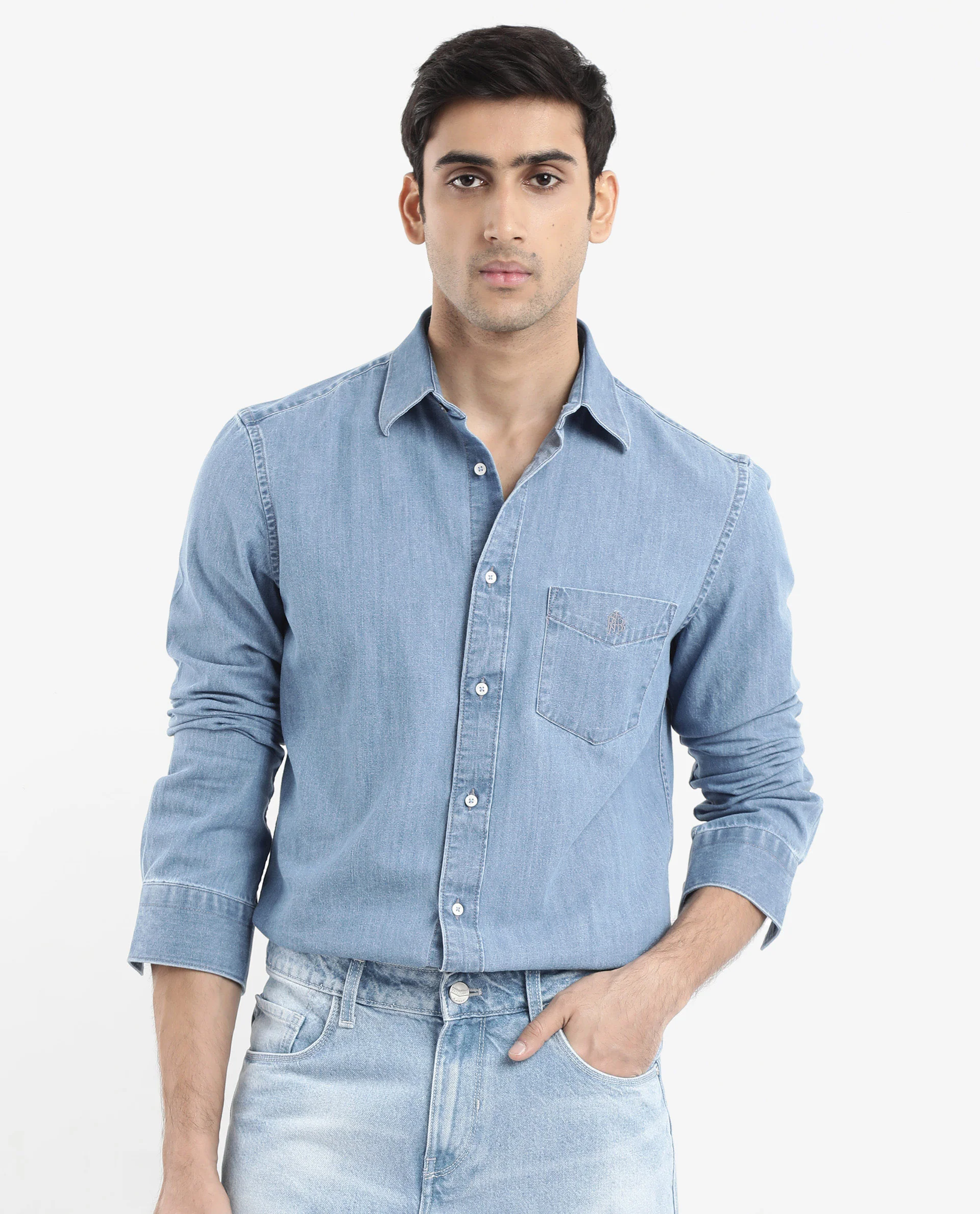 Rare Rabbit Men's Storm Light Blue Cotton Plain Regular Fit Full Sleeve Collared Shirt
