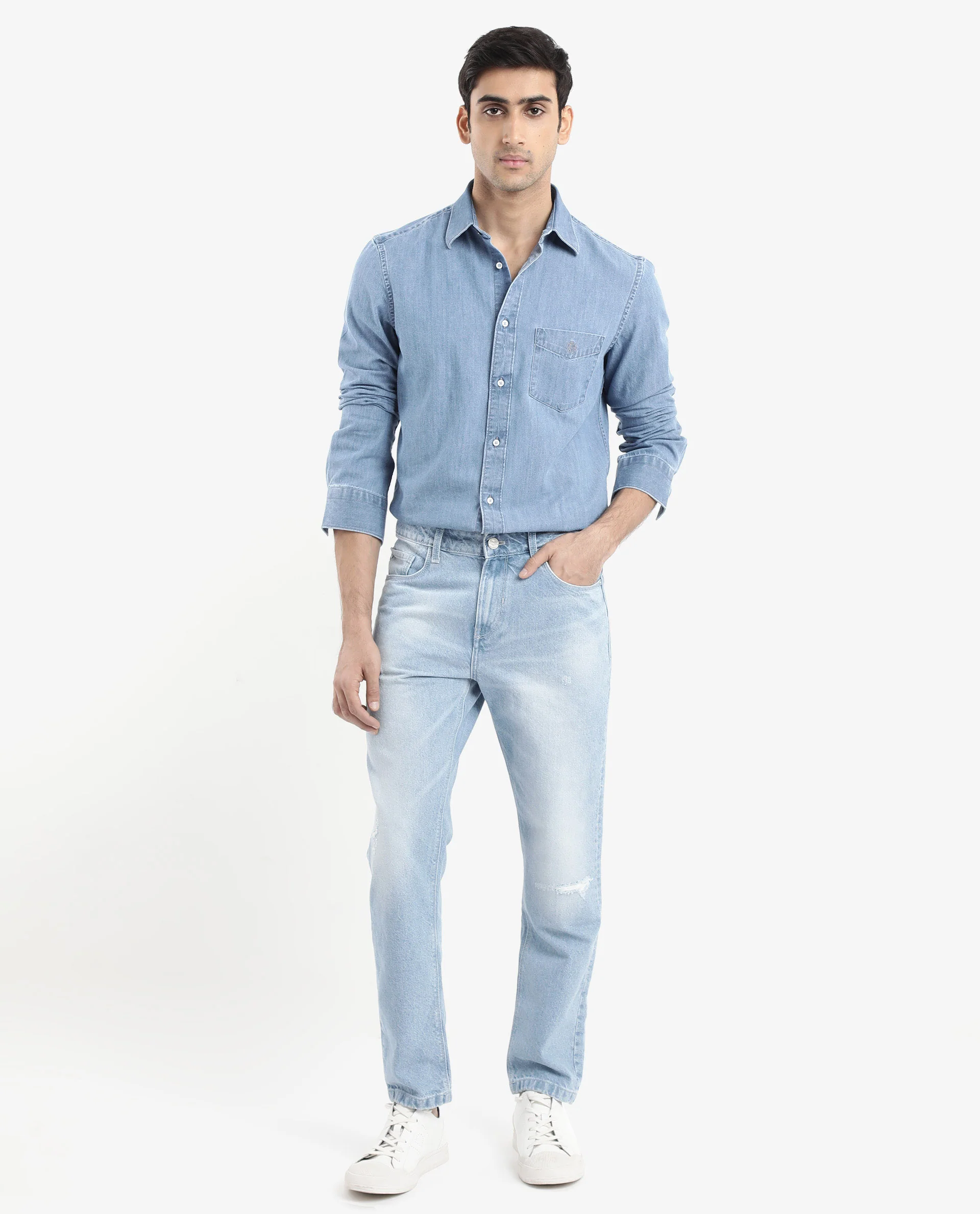 Rare Rabbit Men's Storm Light Blue Cotton Plain Regular Fit Full Sleeve Collared Shirt - Image 3