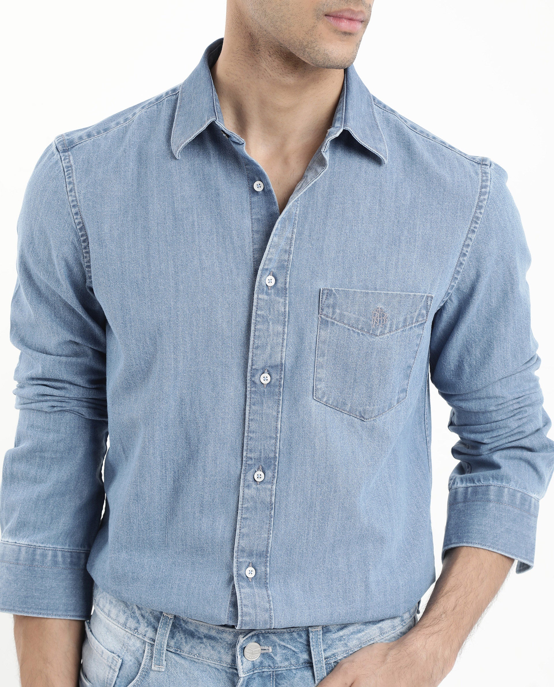 Rare Rabbit Men's Storm Light Blue Cotton Plain Regular Fit Full Sleeve Collared Shirt - Image 4
